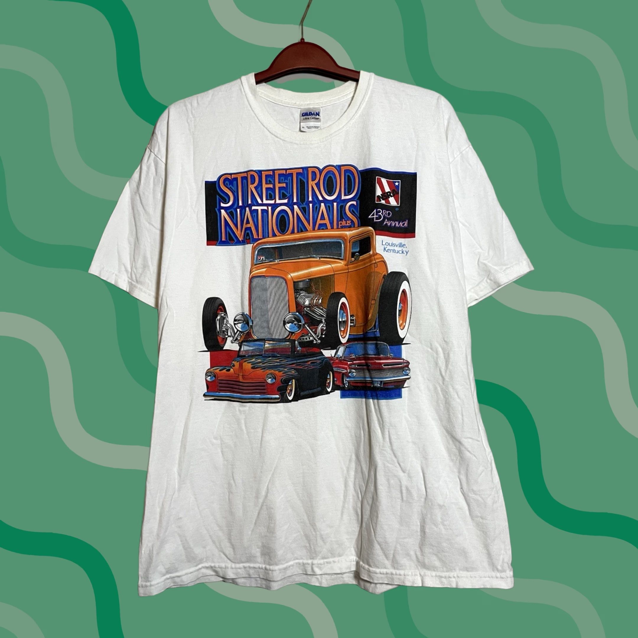 Gildan VINTAGE Street Rod Nationals Shirt Mens XL White Short Sleeve NSRA 43rd Louisville D435 Gildan T-Shirt Mens White Size US XL / EU 56 / 4 - 1 Thumbnail
