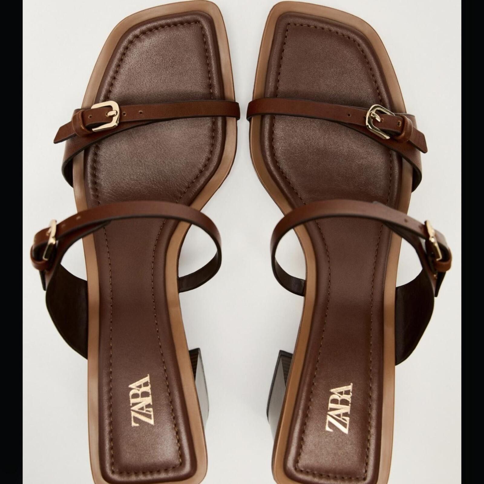 Zara Zara brown leather sandals with gold buckle detail Size US 9 / IT 39 - 4 Thumbnail