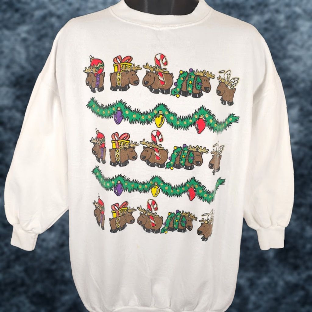 Vintage VINTAGE Christmas Sweatshirt Mens Size XL White 80s 90s Reindeer Tinsel Size US XL / EU 56 / 4 - 1 Thumbnail