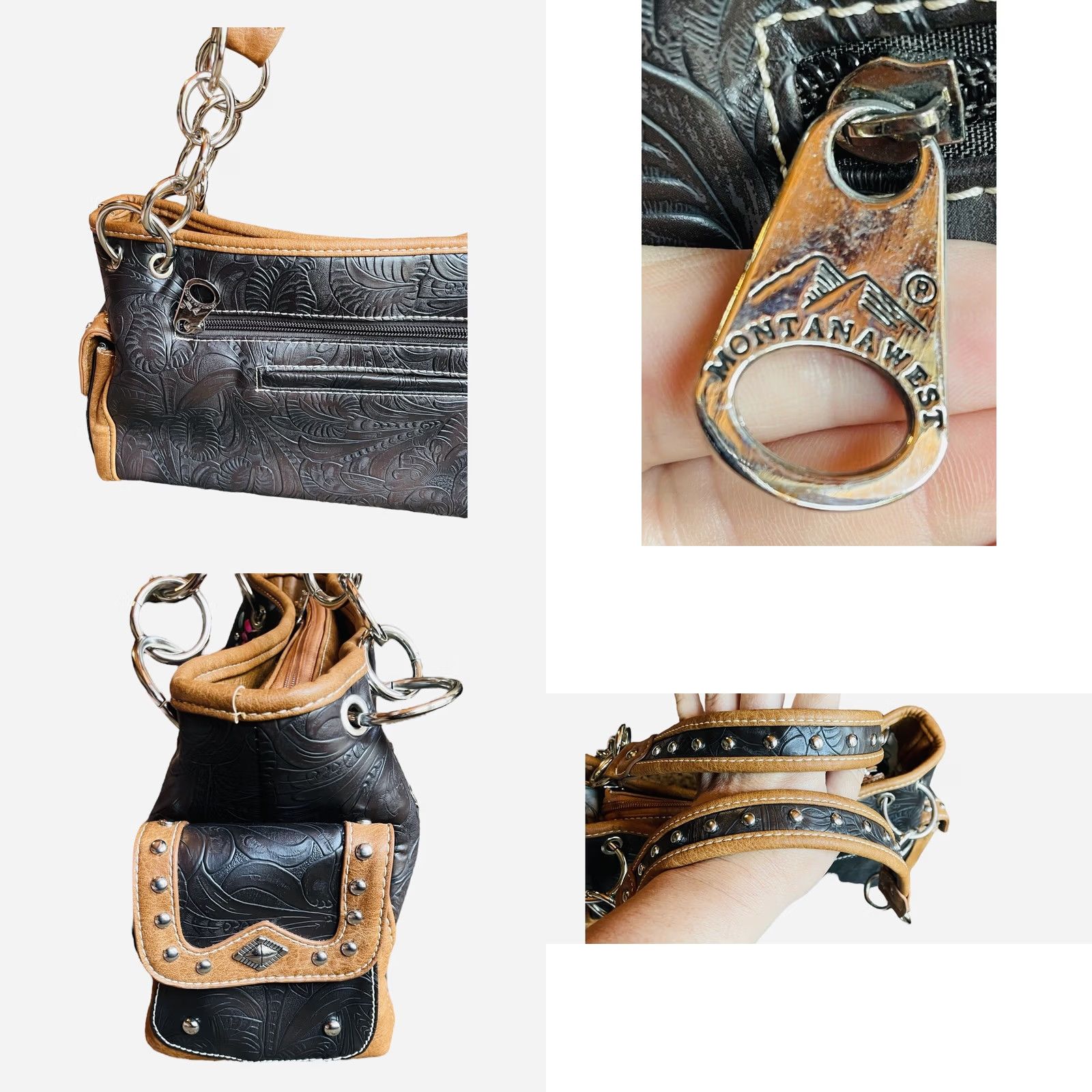 Vintage VINTAGE? No — Montana West Shoulder Bag Women's Purse Black Faux Leather Concho Collection Modern 13in 8in 5in Zip Inner Pockets Fringe Leather Strap Size ONE SIZE - 8 Thumbnail