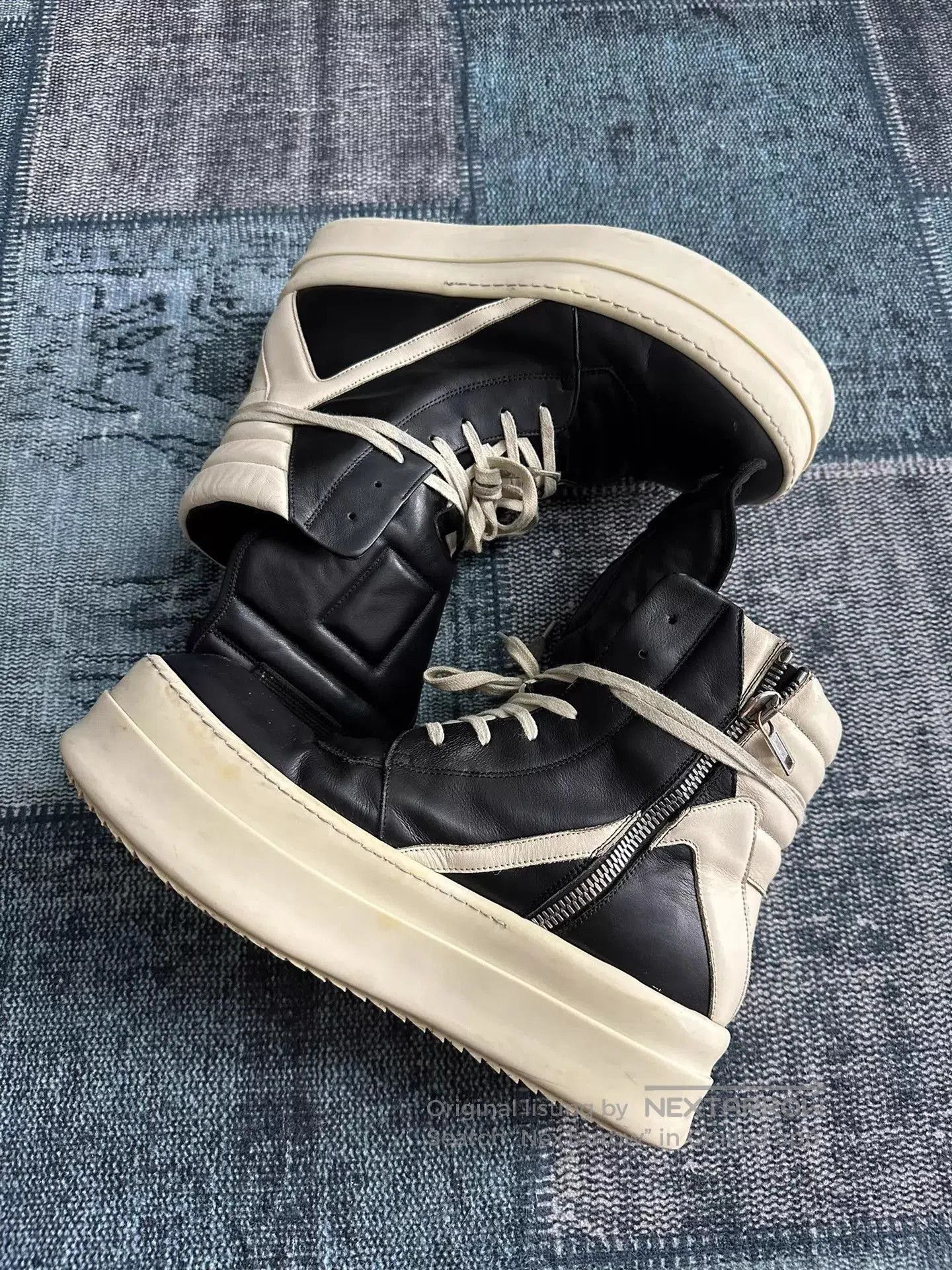 Rick Owens Black High-Top Leather Sneakers with Platform Sole. Size US 11.5 / EU 44-45 - 2 Thumbnail