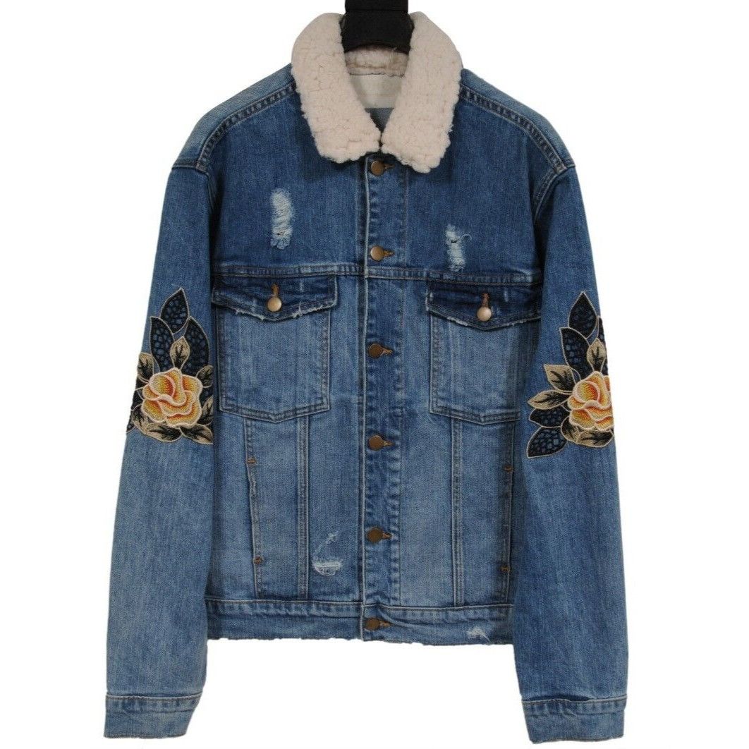 Oro Los Angeles Floral Embroidery Jean Denim Trucker Jacket Shearling Collar Size US L / EU 52-54 / 3 - 1 Thumbnail