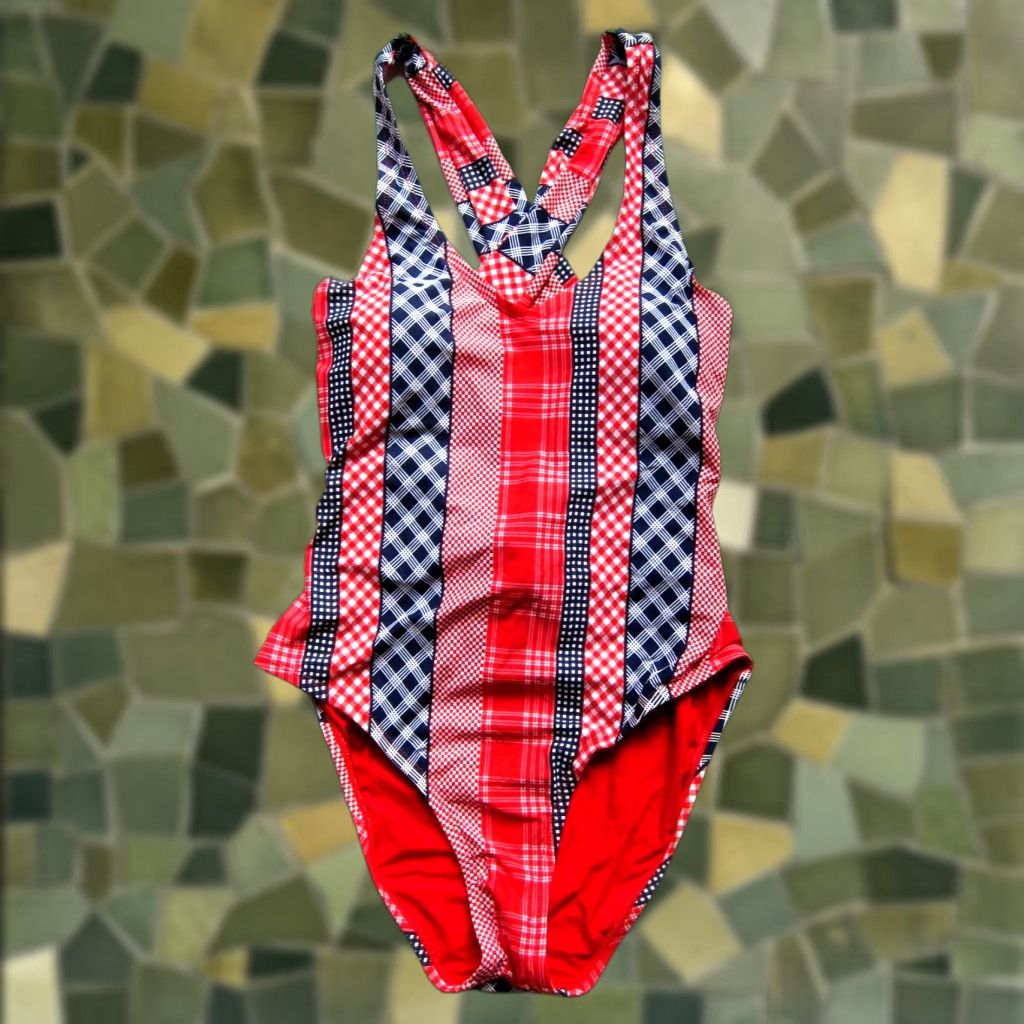 Vintage Sea Angel One Piece Swimsuit Women Medium Plaid Stripe USA Red White Blue Navy Nylon Lycra 88% Slimming Size ONE SIZE - 1 Thumbnail