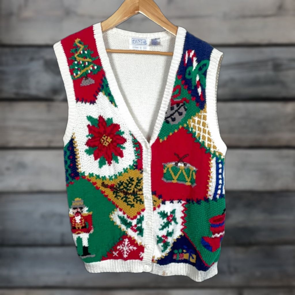 Vintage VINTAGE Ashley Sweater Vest Women 1X Ivory Christmas Motif Hand Knit Embroidered Poinsettia Nutcracker 90s Holiday Ugly Size XL / US 12-14 / IT 48-50 - 1 Thumbnail