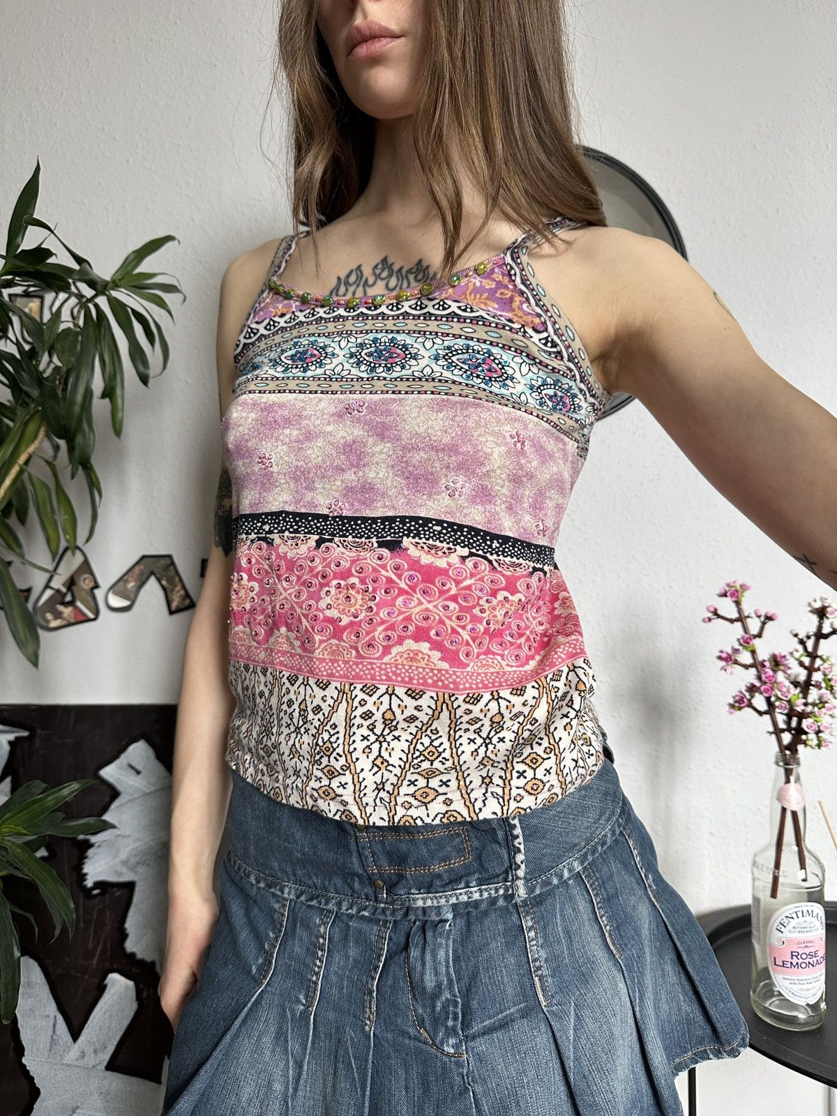 Vintage Beaded Paisley Cute Hippie Tank Top 00s Size M / US 6-8 / IT 42-44 - 2 Thumbnail