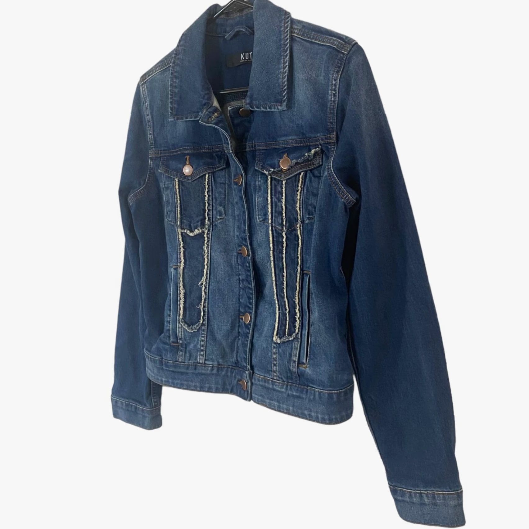 Vintage KUT from the Kloth Ashley Jean Jacket Women's Medium Blue Denim Long Sleeve Collared Button Pockets Size 32" / US 10 / IT 46 - 2 Thumbnail