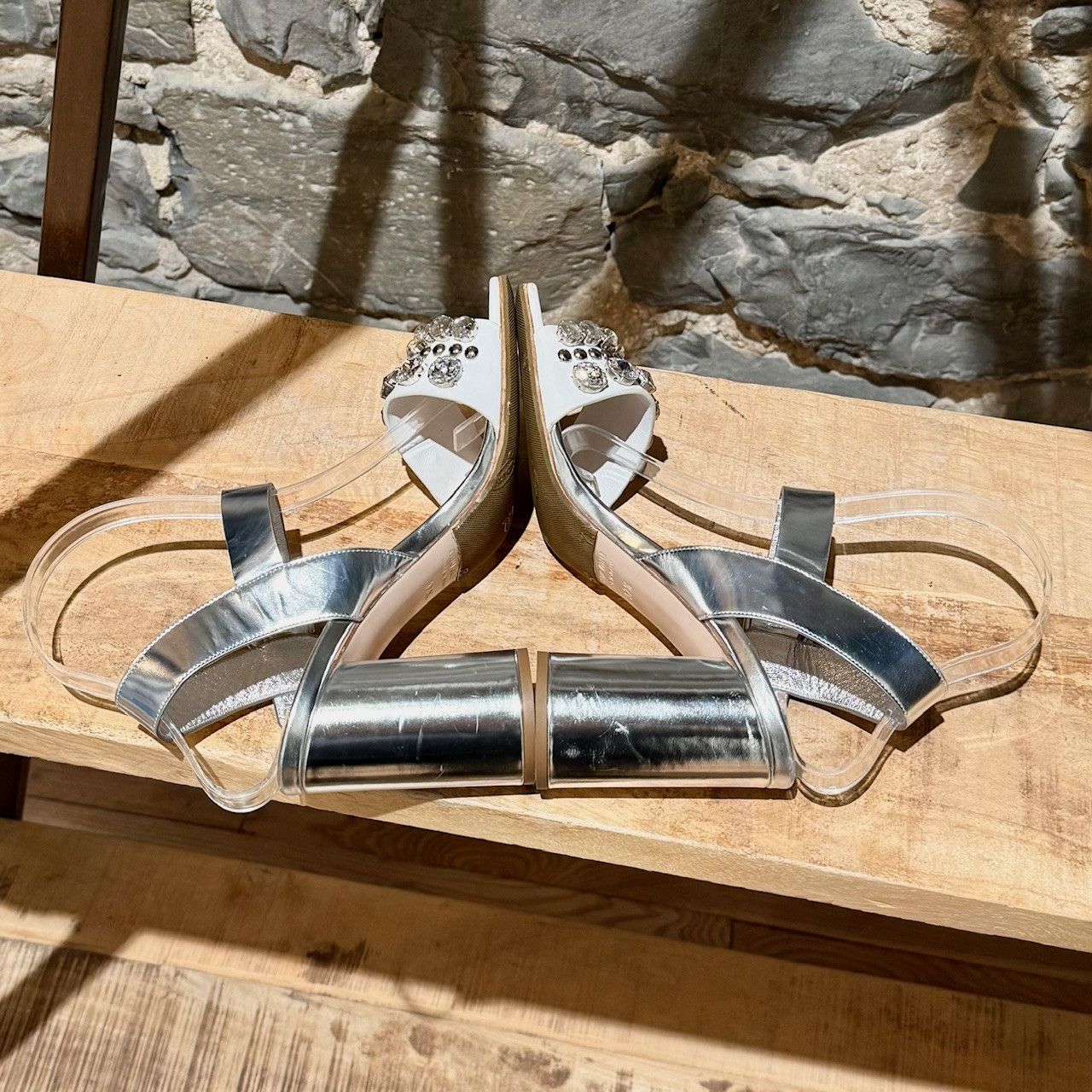 Miu Miu Miu Miu Silver Metallic White Leather Crystal Heeled Sandals Size US 7.5 / IT 37.5 - 9 Thumbnail