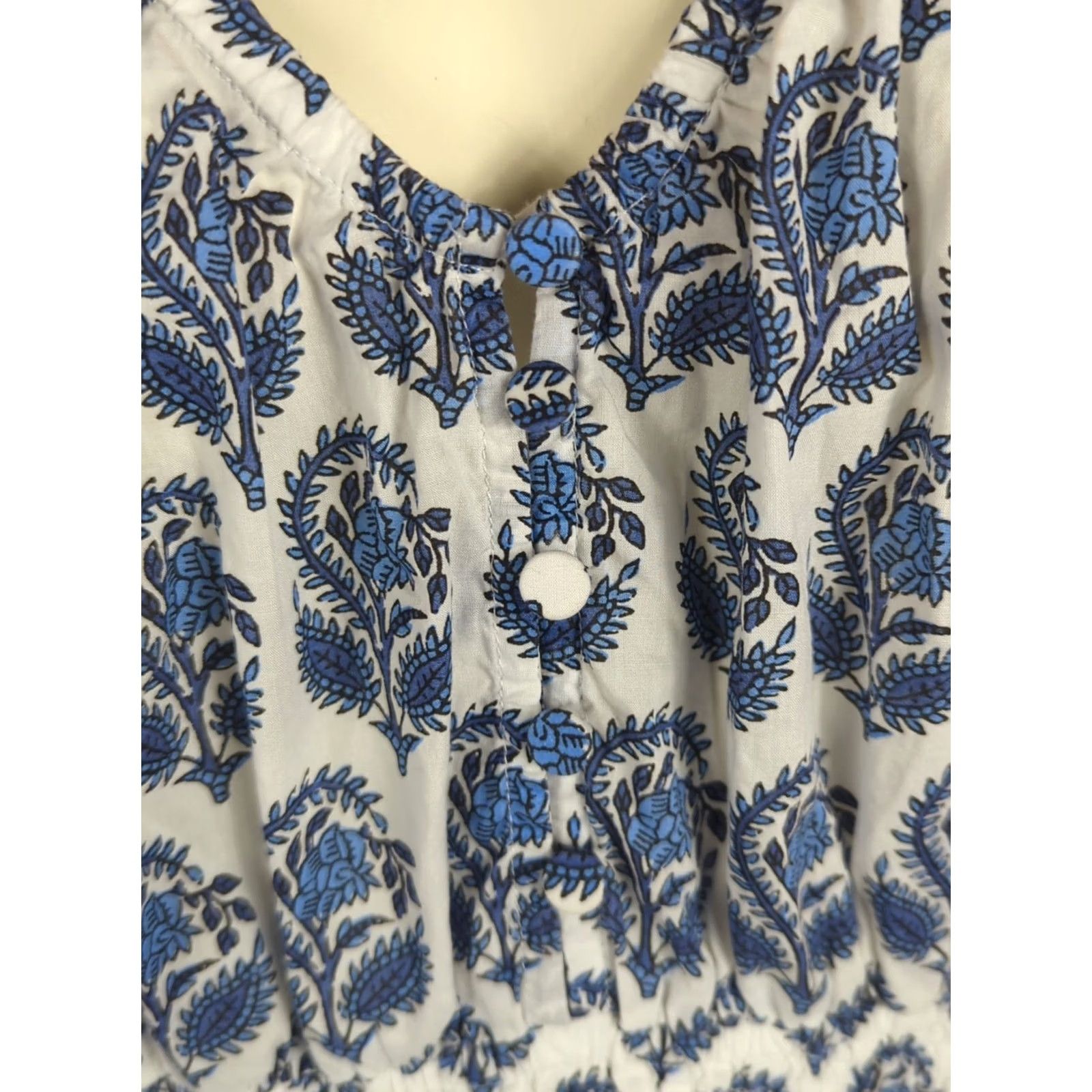 J.Crew J.CREW Mini Dress in Bandana Block Print Floral Blue L Boho Cottage Floral A-Line Short Sleeve Balloon Button V-Neck Casual Women Size L / US 10 / IT 46 - 2 Thumbnail