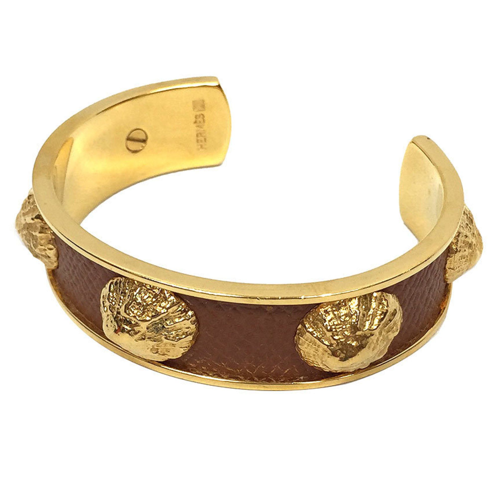 image of Hermes Leather Bracelet Bangle Cuff X Brass Seashell Shell Motif Gold Brown Hermes, Women's