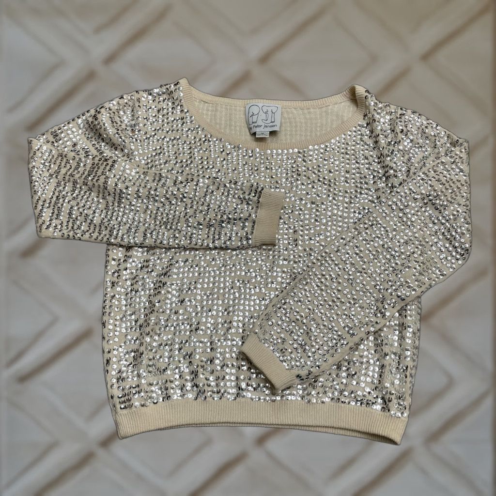 Vintage Jensen Sequin Pullover Sweater Womens Medium Ivory Cotton Casual Long Sleeve Size M / US 6-8 / IT 42-44 - 1 Thumbnail