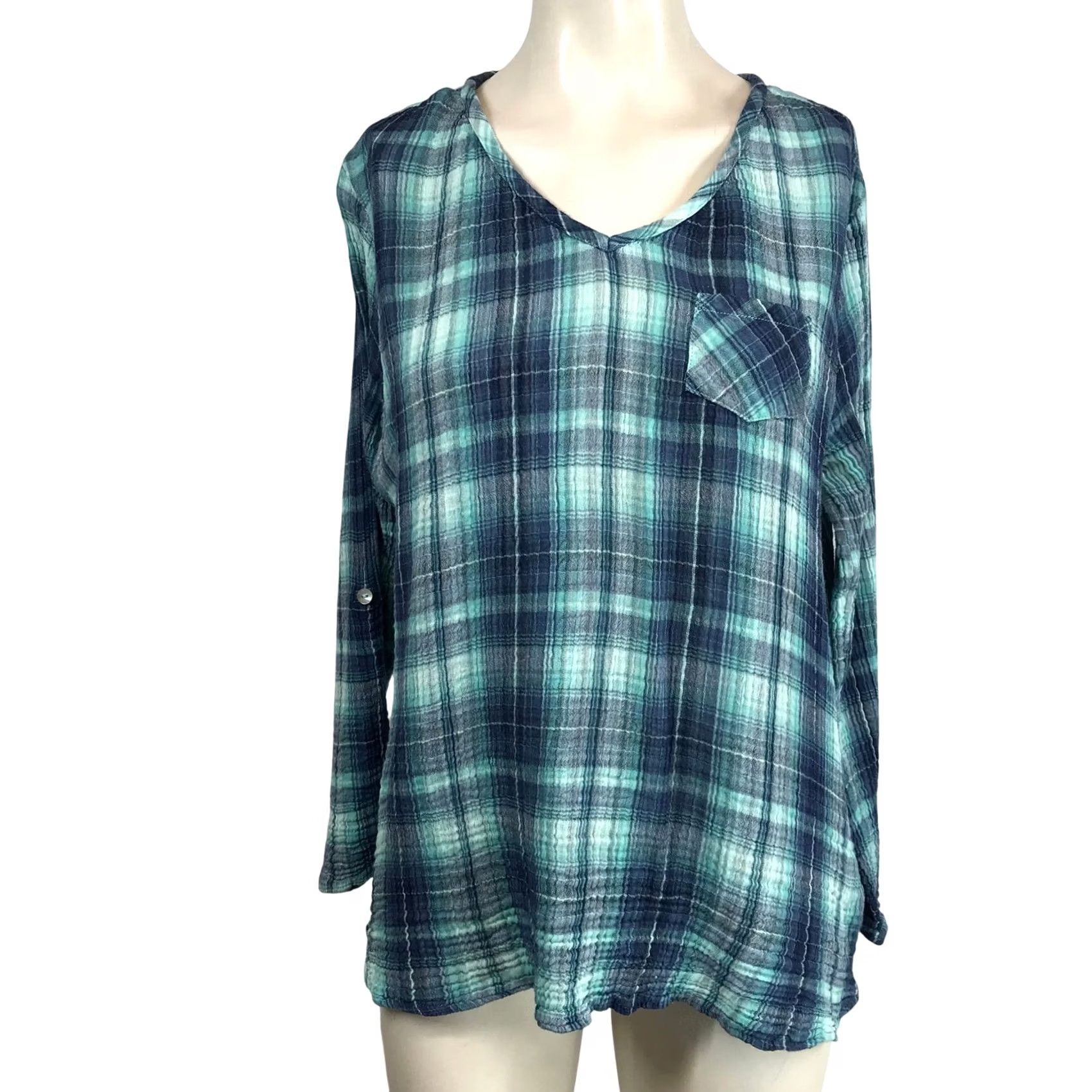 Soft Surroundings Soft Surroundings Plaid Tunic Long Sleeve V-Neck Pocket Blouse Women's L Blue Size L / US 10 / IT 46 - 2 Thumbnail