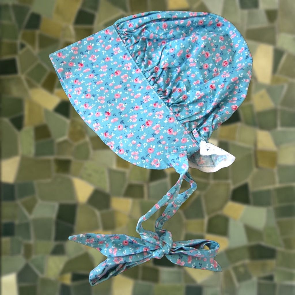 Vintage Vintage Handmade Pink Blue Cotton Floral Rose Hat Hood Cap Chapeau Bonnet S-M Womens Size ONE SIZE - 1 Thumbnail