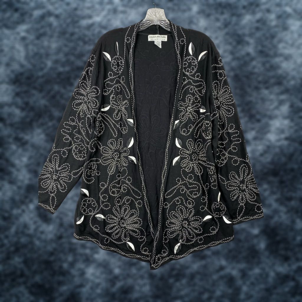 Vintage Lauren Michelle Cardigan Womens XL Black Embroidered Open Front Duster Jacket Size XL / US 12-14 / IT 48-50 - 1 Thumbnail