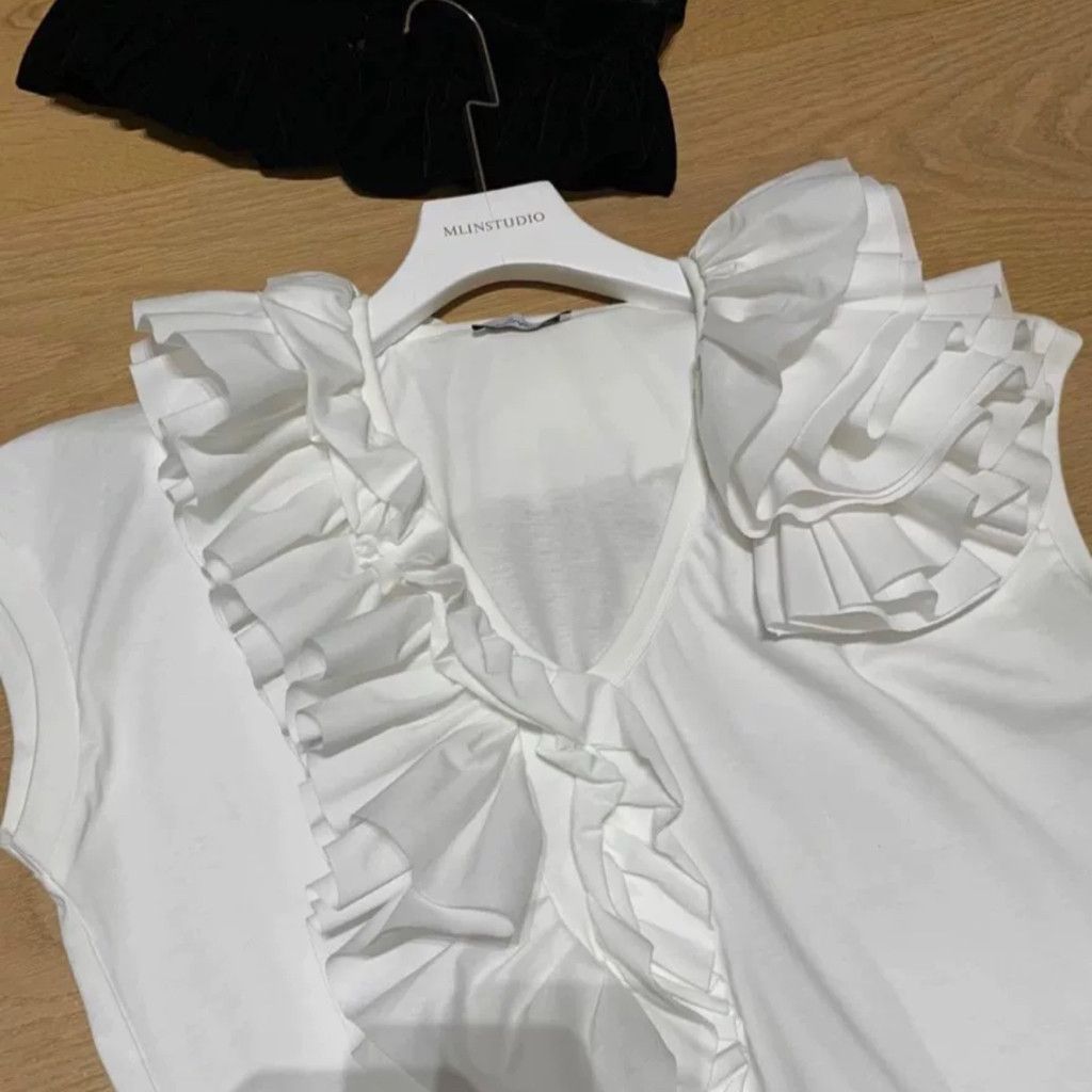 Zara Ruffle Detail Collar V-neck Long Tshirt Dress Size L / US 10 / IT 46 - 4 Thumbnail