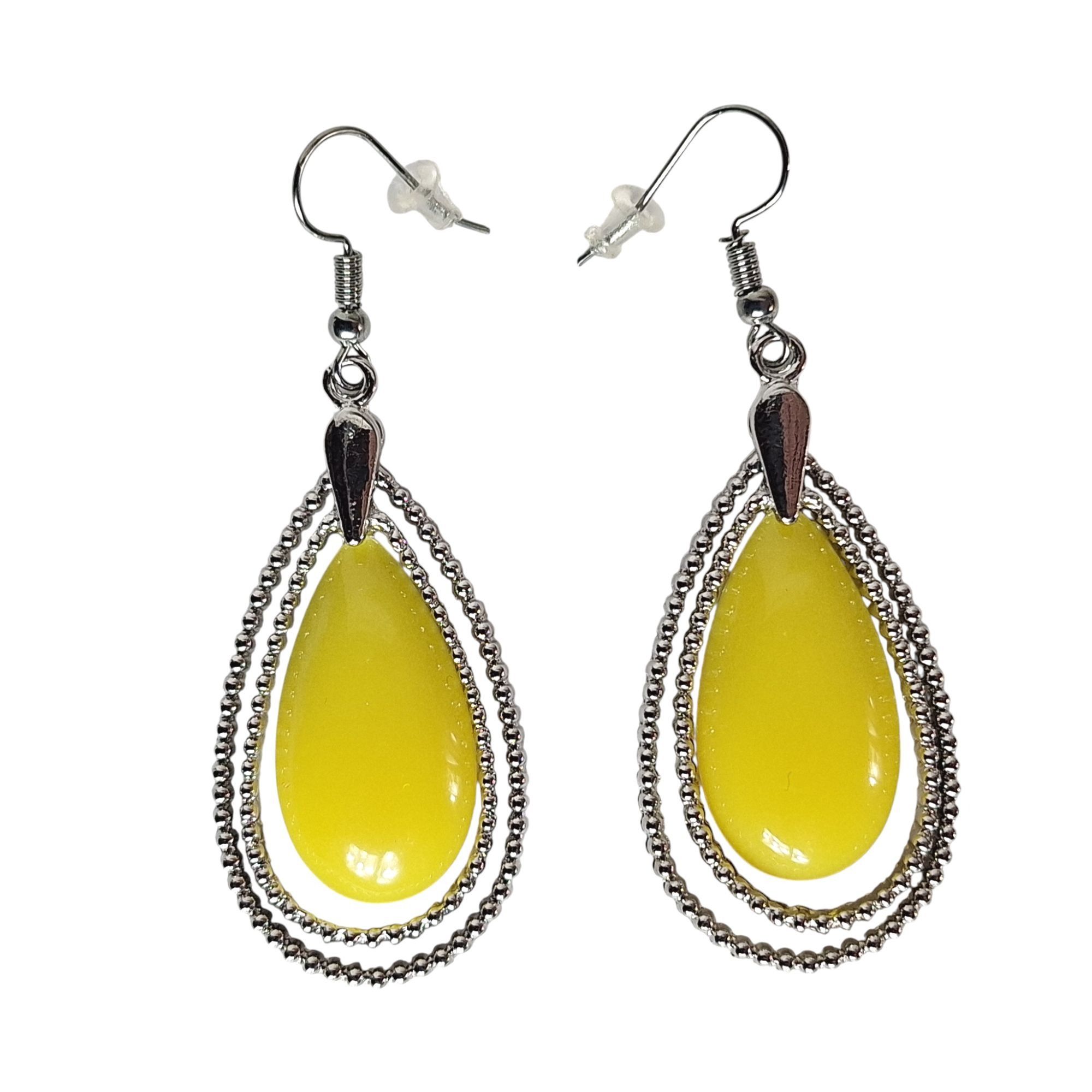 Other Yellow Teardrop Dangle Earrings Silver Beaded Double Frame B Size ONE SIZE - 1 Thumbnail
