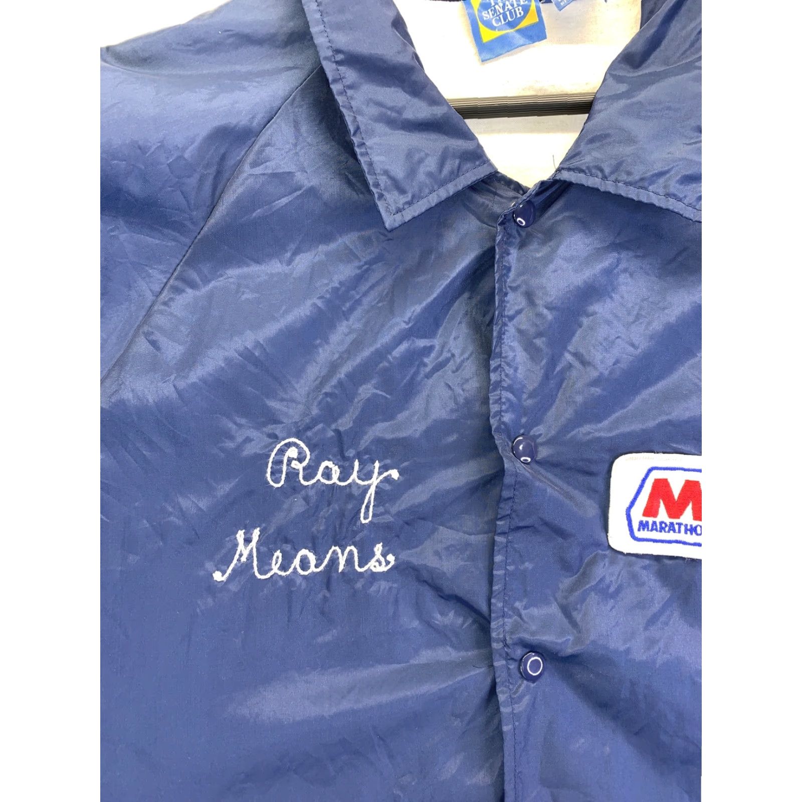 Vintage VINTAGE Senate Club 1987 100yr Anniversary Marathon Gasoline Mens Nylon Cotton Lined Snap Up Blue Windbreaker Style Lightweight Jacket XL Mens Size US XL / EU 56 / 4 - 4 Thumbnail