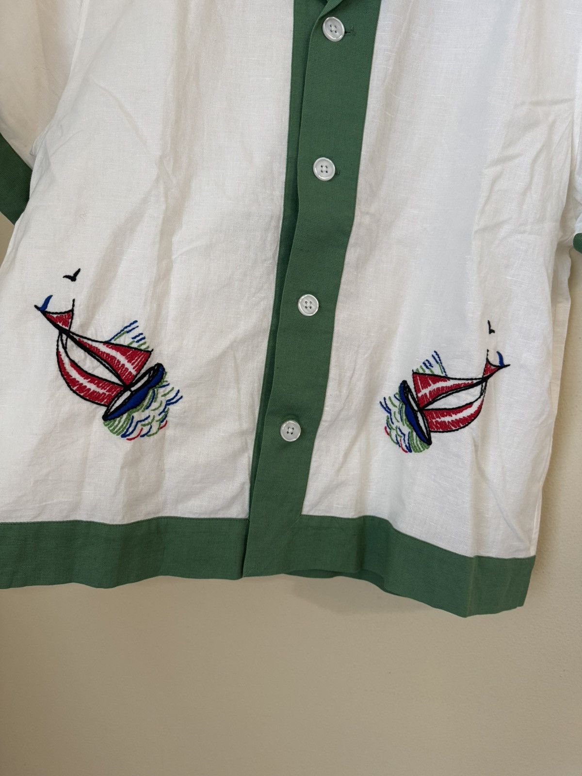 Bode Bode Sailboat Button Up Shirt White Green Linen Medium Large Size US M / EU 48-50 / 2 - 2 Thumbnail
