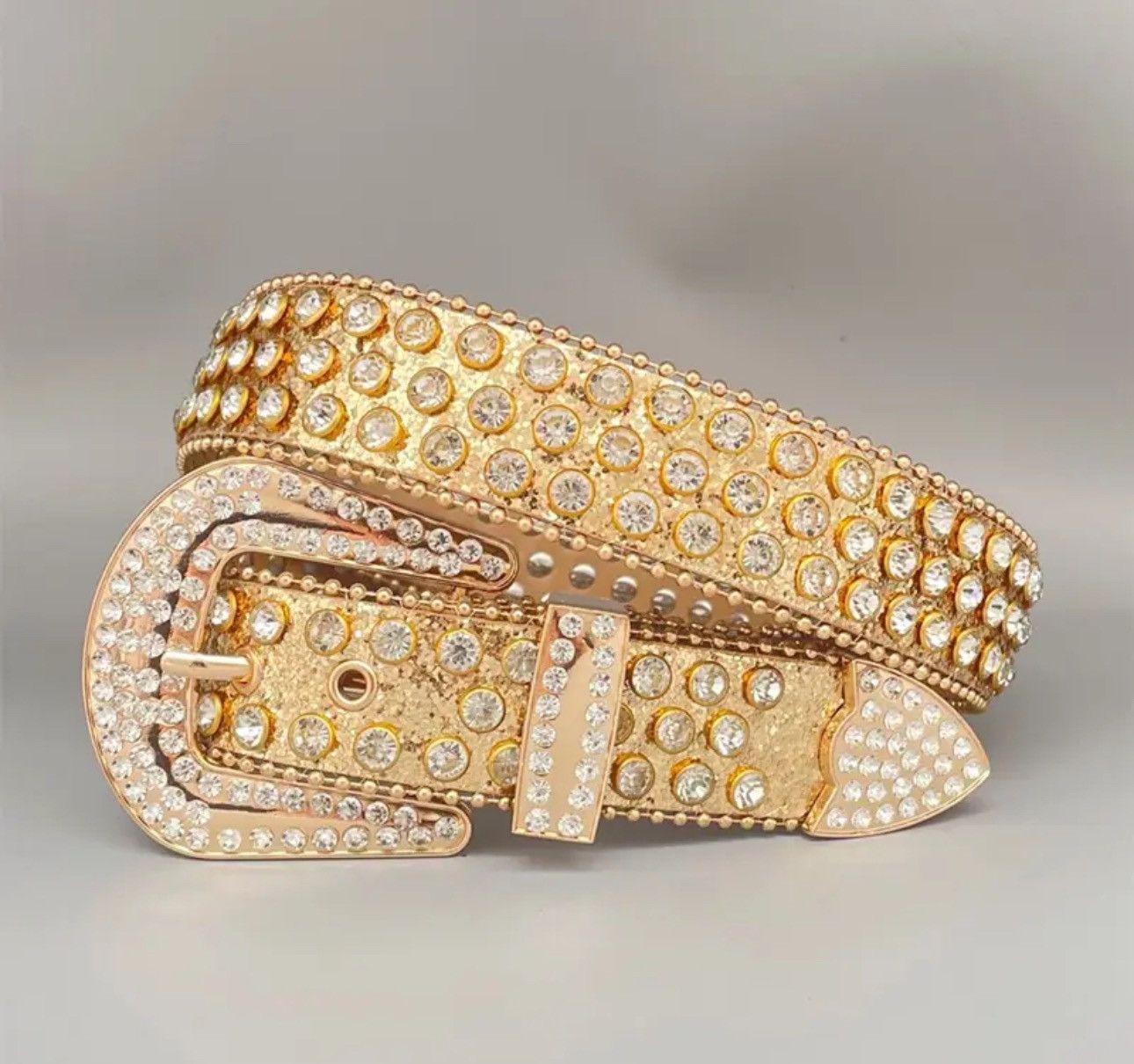 image of Leather Gold Color Pu Belt Chrome Y2K Crystals, Men's