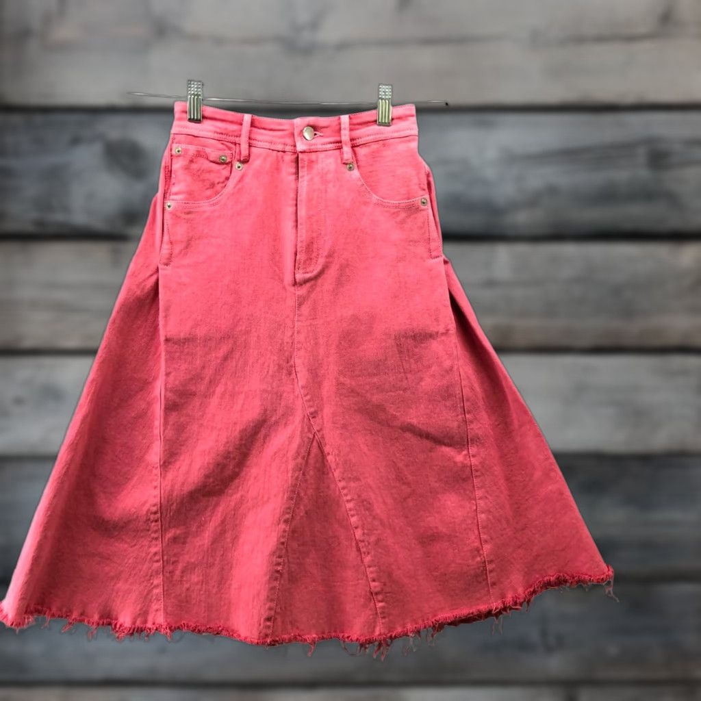 Free People Womens Midi Skirt 0 Pink Denim A-Line Frayed Bohemian Casual Spring Summer Fall