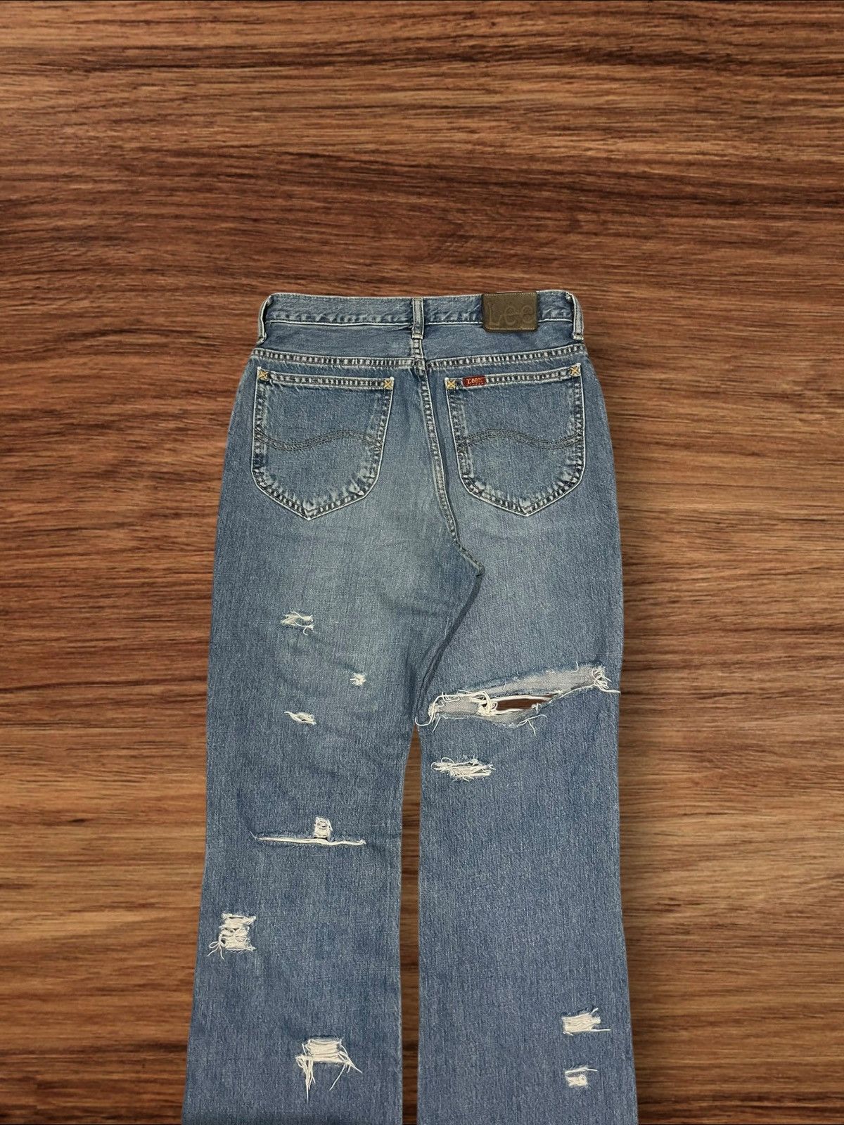 Lee × Vintage Vintage Miss Lee Trashed Punk Style Blue Washed Flare Jeans Size 31" - 6 Thumbnail