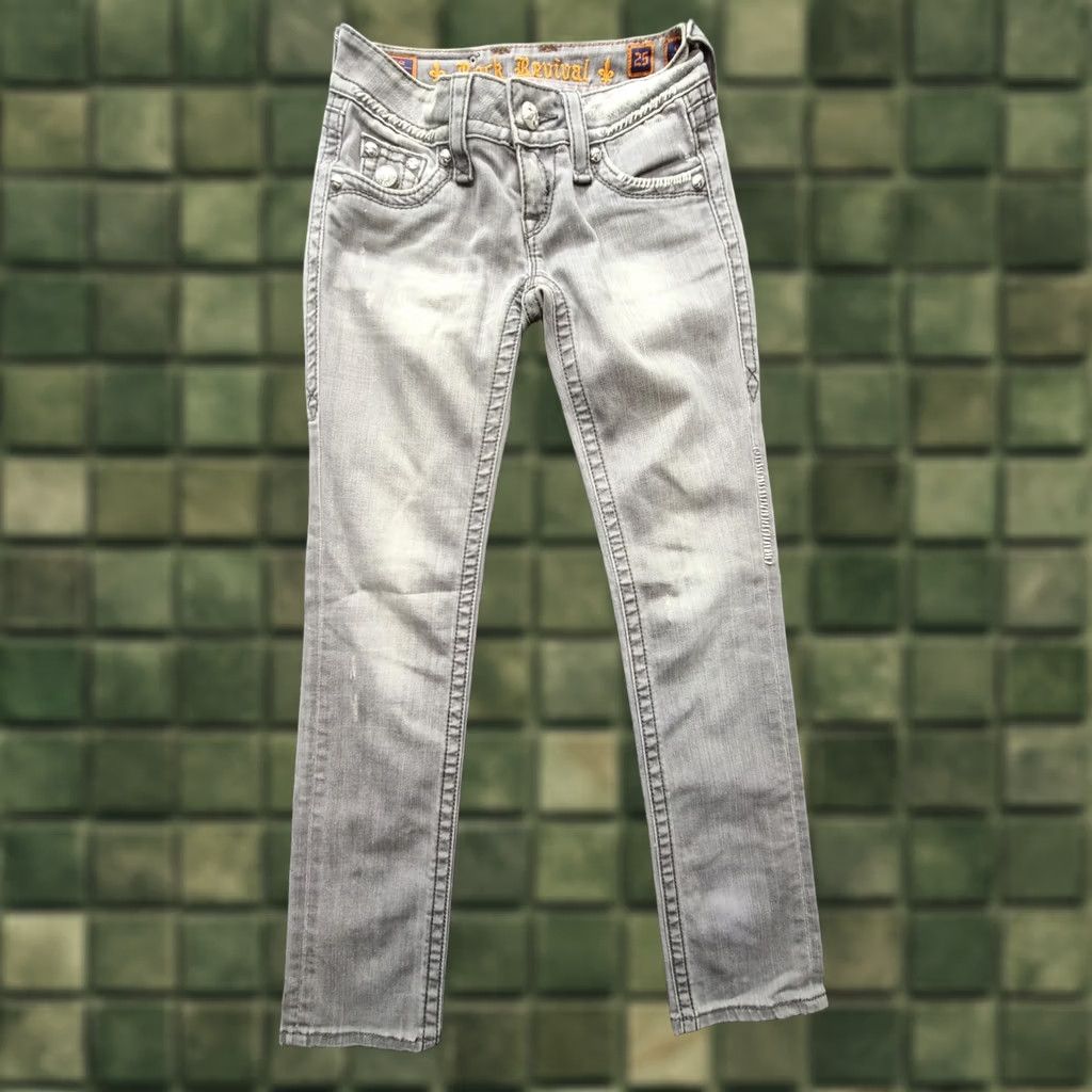 Vintage Rock Revival Jeans Womens 25 x 30 Celine Straight Leather Stitch Fleur De Lis Jeans Gray 5-Pocket Design Regular Cowboy Western Y2K Womens Size 42" / US 20 - 1 Thumbnail