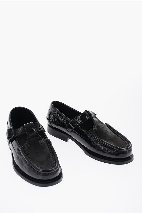 image of Hereu Crinkled Patent Leather Alber T-Strap Loafers in Black, Women's (Size 8)
