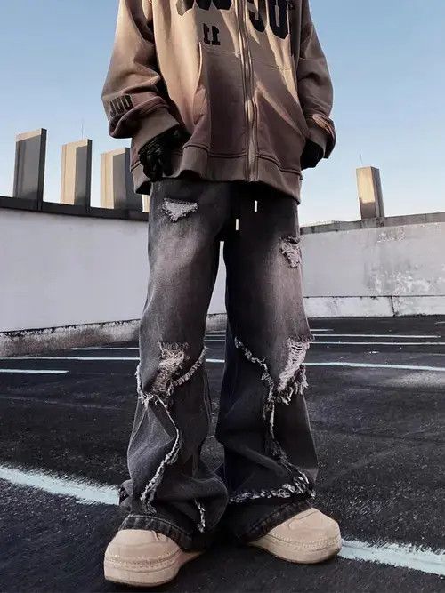 Jean Distressed Baggy Wide Leg Denim Jeans, Ripped Jeans Size US 33 - 4 Thumbnail