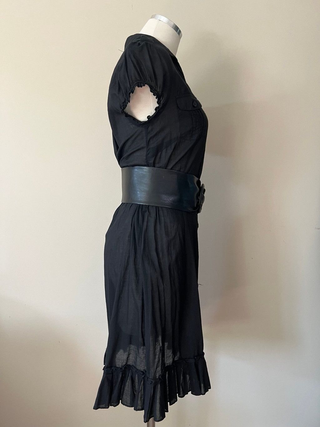 Vintage 1990s - Y2K Black Cotton Button Front Shirt Dress w/Ruffle Size S / US 4 / IT 40 - 4 Thumbnail
