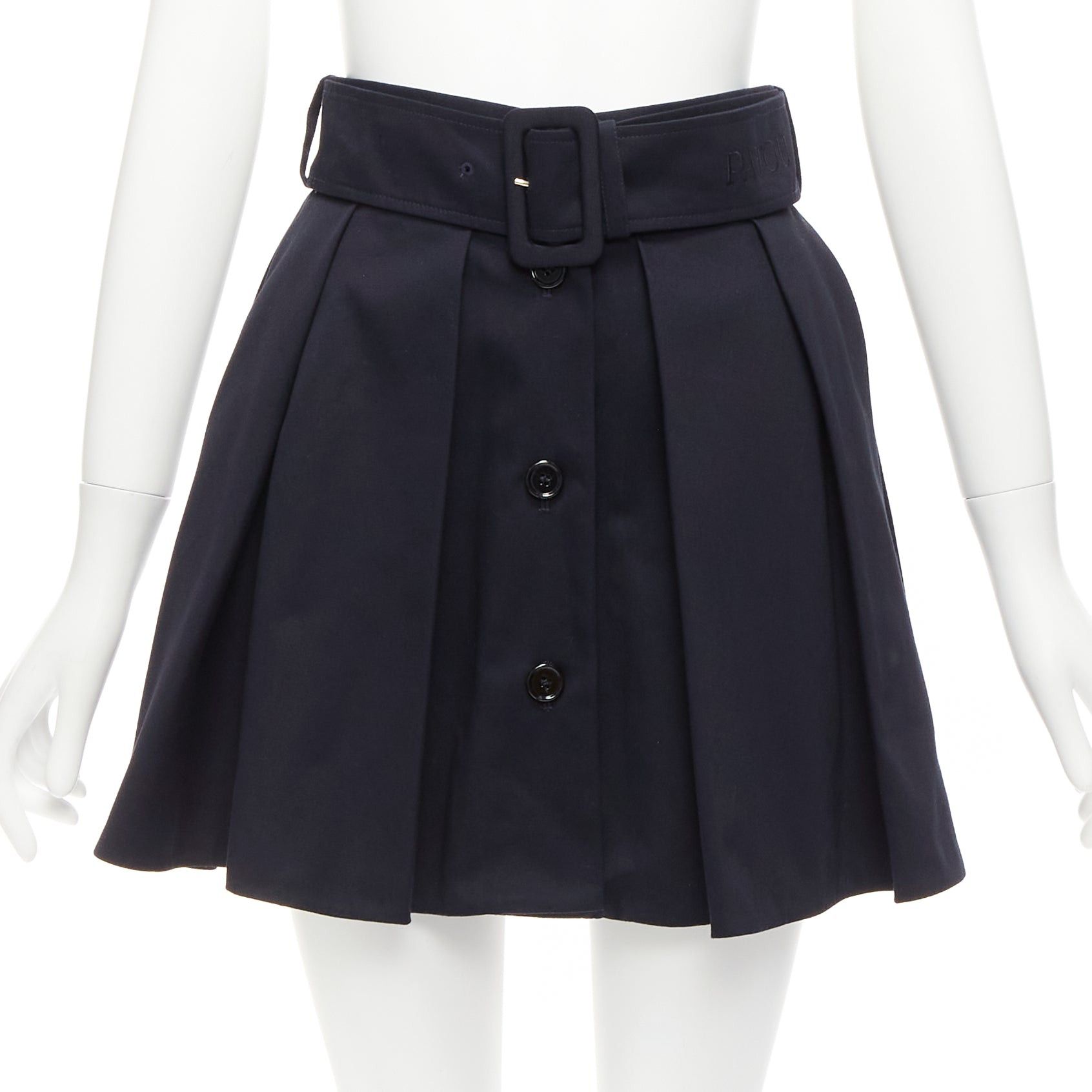 image of Patou Black 100% Cotton Button Down Box Pleat Belted Mini Skirt Fr34 Xs, Women's (Size 26)
