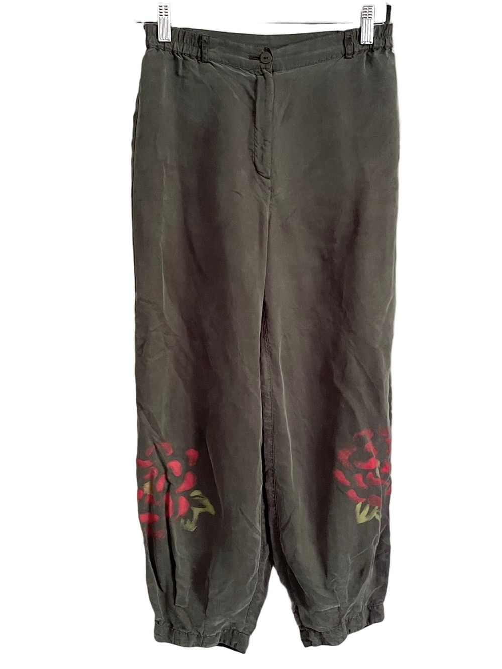 Vintage Gray Silk Balloon Capri Pants w/ Flowers - Small 🎈 Size 28" / US 6 / IT 42 - 2 Thumbnail