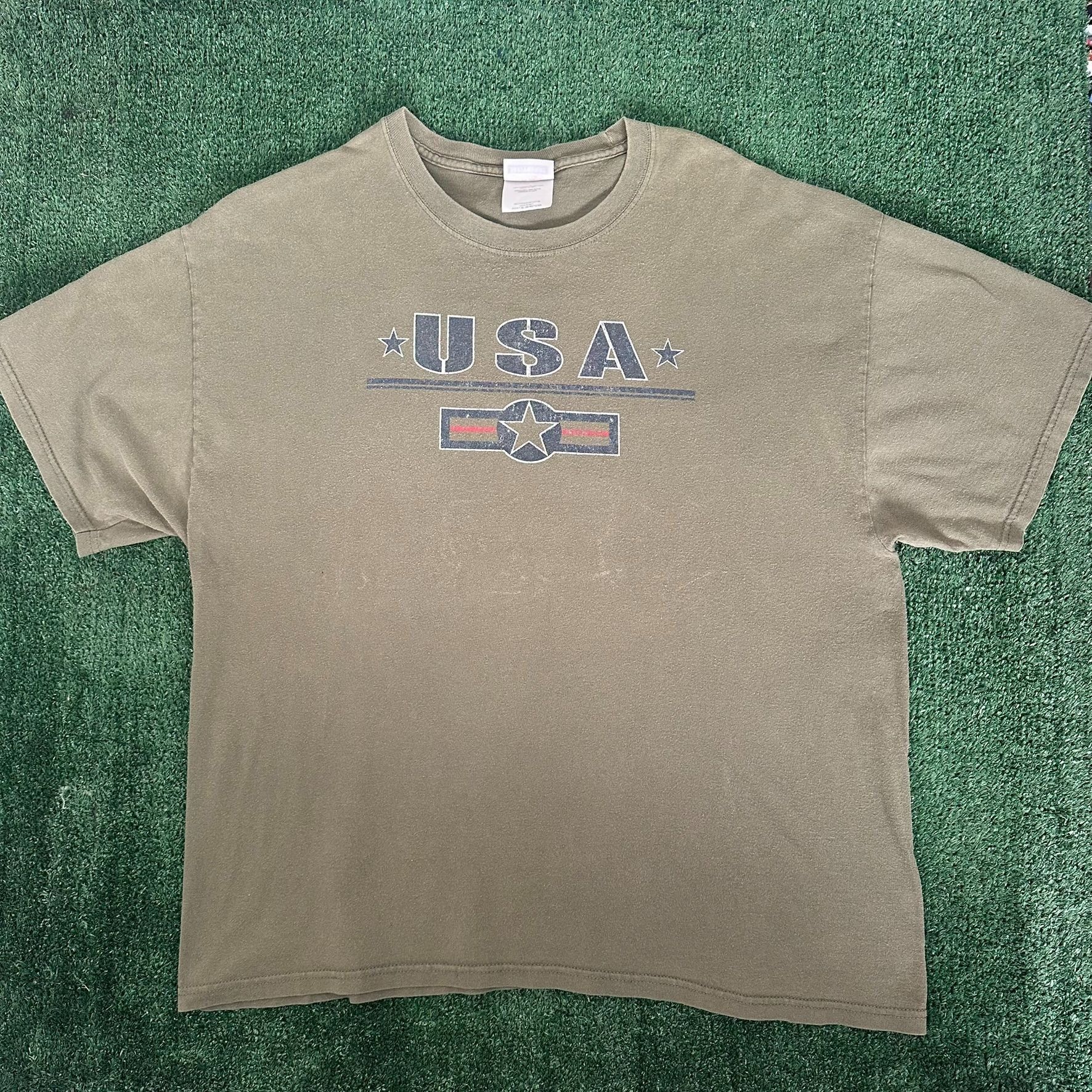 Hanes Vintage Y2K USA Army Star T-Shirt Military Olive Green Size US XL / EU 56 / 4 - 1 Thumbnail