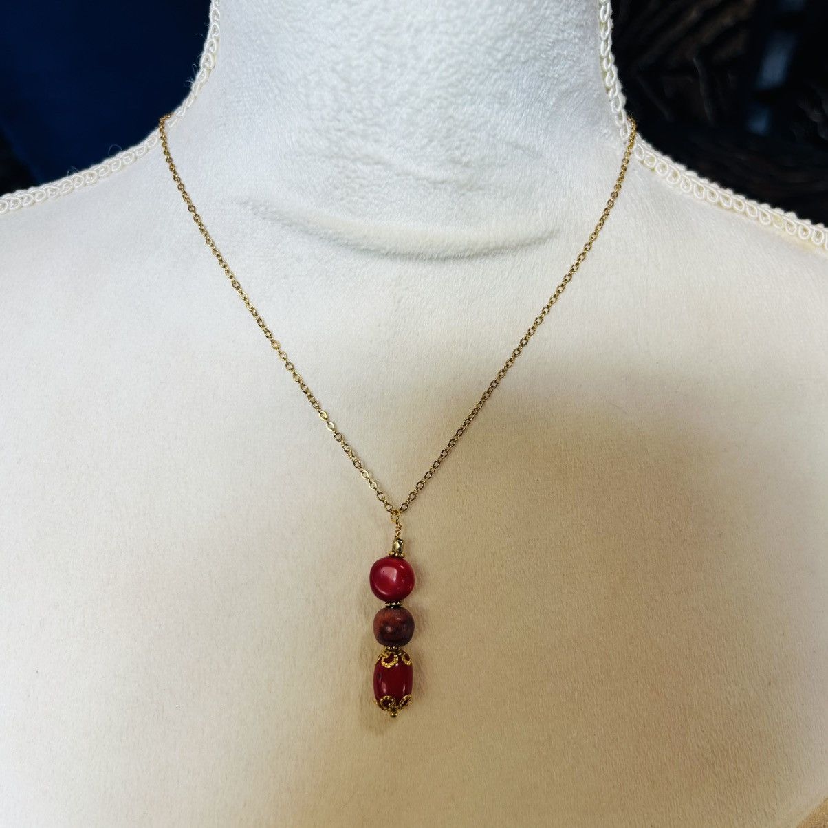 Handmade Handcrafted vintage bead red coral wood drop necklace Size ONE SIZE - 2 Thumbnail