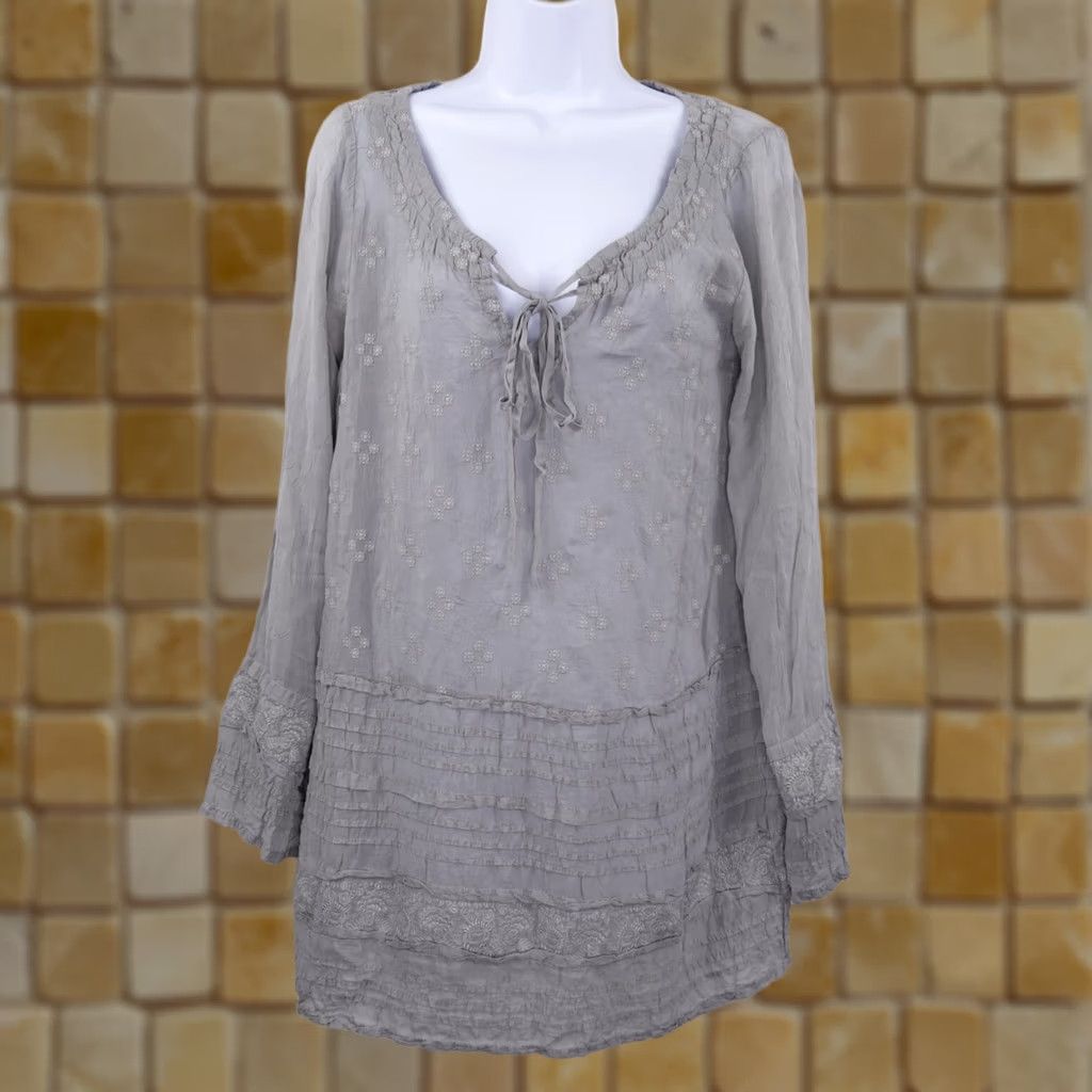 Johnny Was Johnny Was Tunic Dress Gray Sheer Gauze Embroidered Long Sleeve Rayon Small Boho Women's Dahlia Floral Patchwork Vintage: No Size S / US 4 / IT 40 - 1 Thumbnail