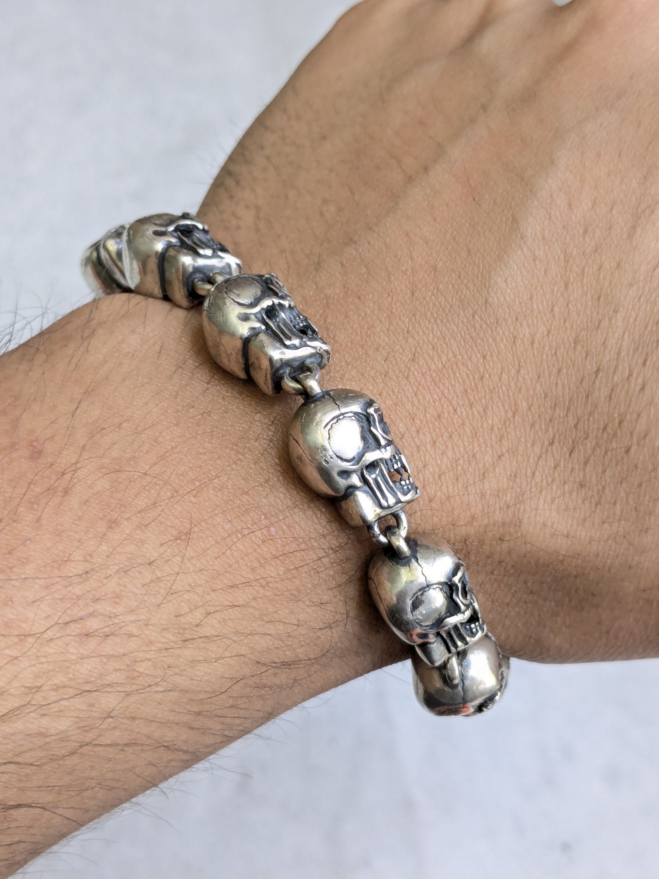 Jewelry Sterling Silver Skull Bracelet 6.75" Biker Punk Skeleton Size ONE SIZE - 17 Thumbnail