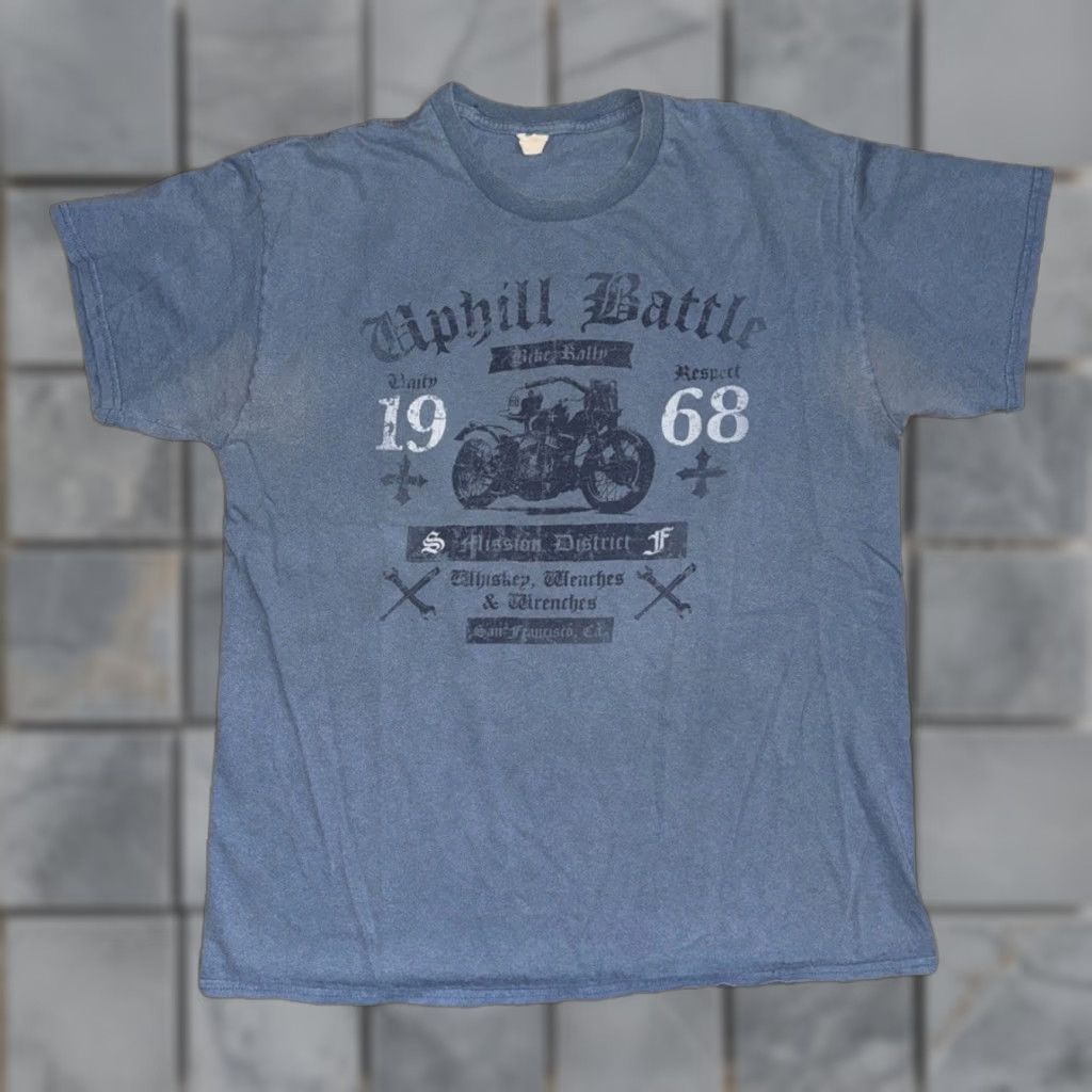 Vintage VINTAGE Uphill Battle 1968 T-Shirt Biker Rally Graphic Print Blue XL Men Shirt 90s Y2K Vintage Size US XL / EU 56 / 4 - 1 Thumbnail