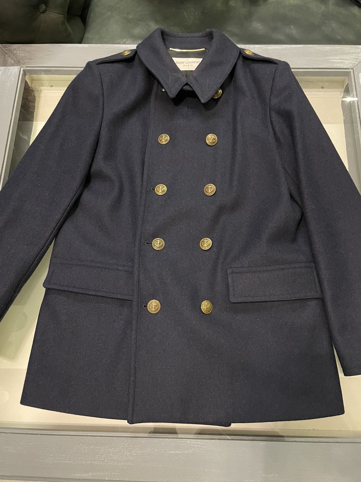 image of Hedi Slimane x Saint Laurent Paris Wool Double Breasted Officer Duffle Coat in Dark Blue (Size Medi