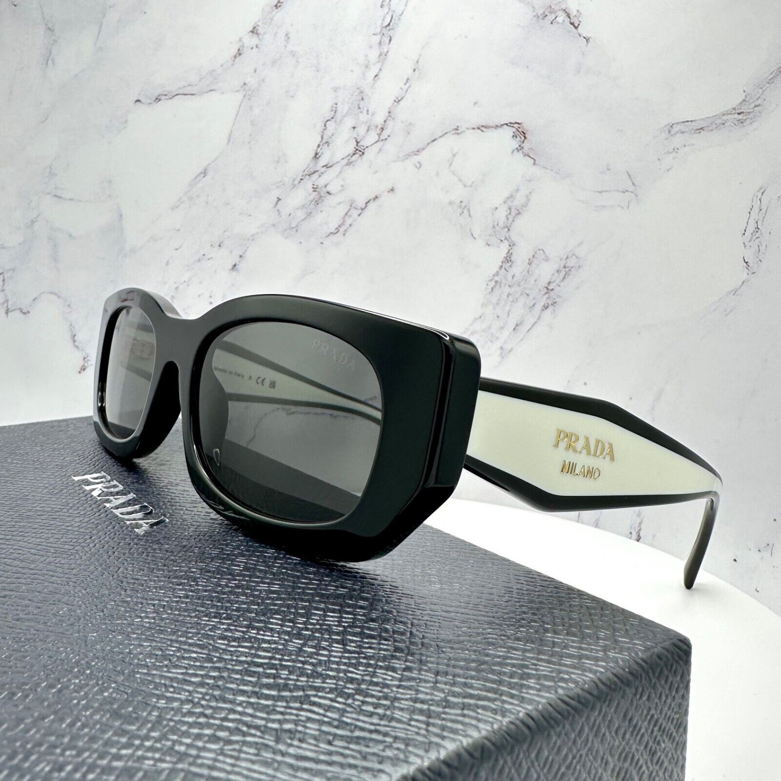 New PRADA Sunglasses Logo Black & White Gold Metallic Logo