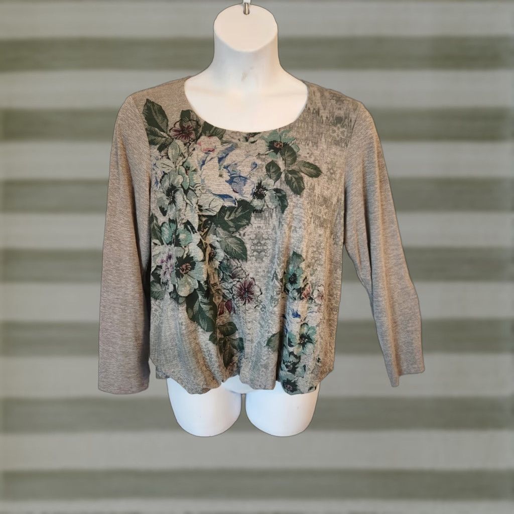 Style & Co Style & Co Gray Floral Print Long Sleeve Casual Knit Shirt 0X Women Plus Size Regular Adult XS? Size XL / US 12-14 / IT 48-50 - 1 Thumbnail