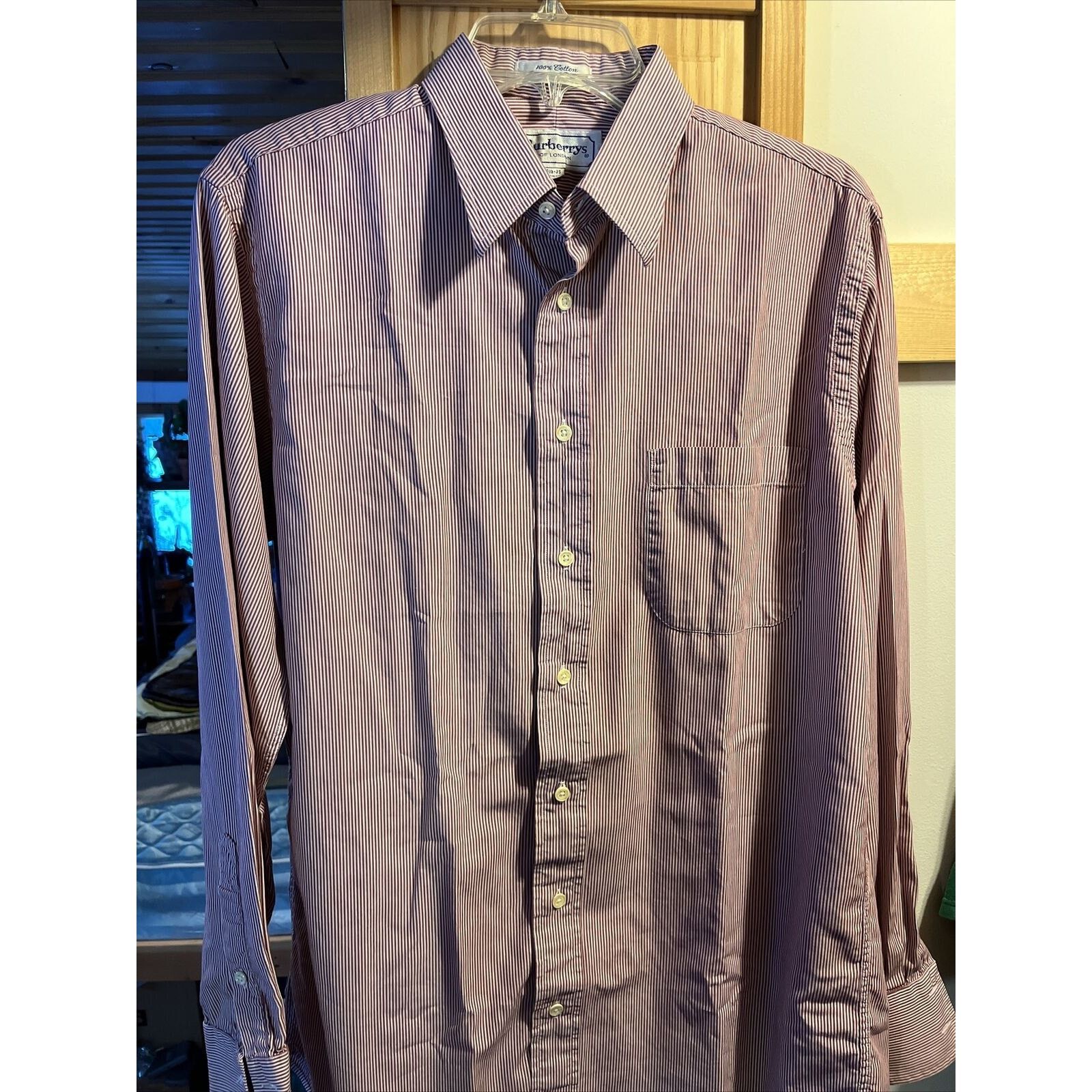 Burberry Burberry London Men’s 15.5 35 Burgundy Striped Cotton Shirt Size US M / EU 48-50 / 2 - 8 Thumbnail