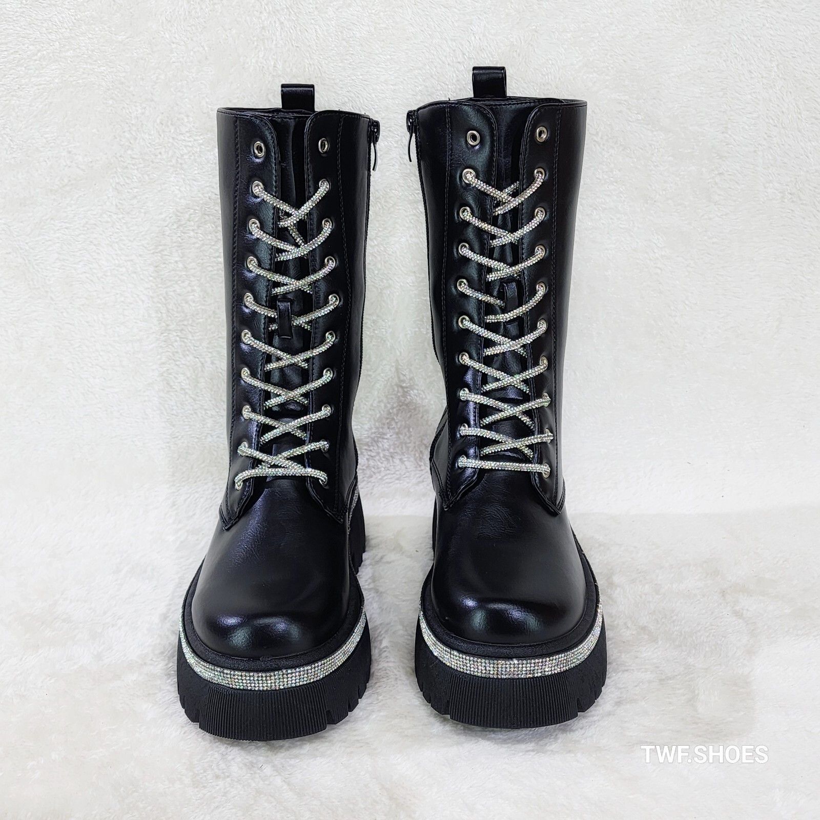 Other Combat Sparkle Mid Calf Rhinstone Platform & Laces Biker Gla Size US 8.5 / IT 38.5 - 4 Thumbnail