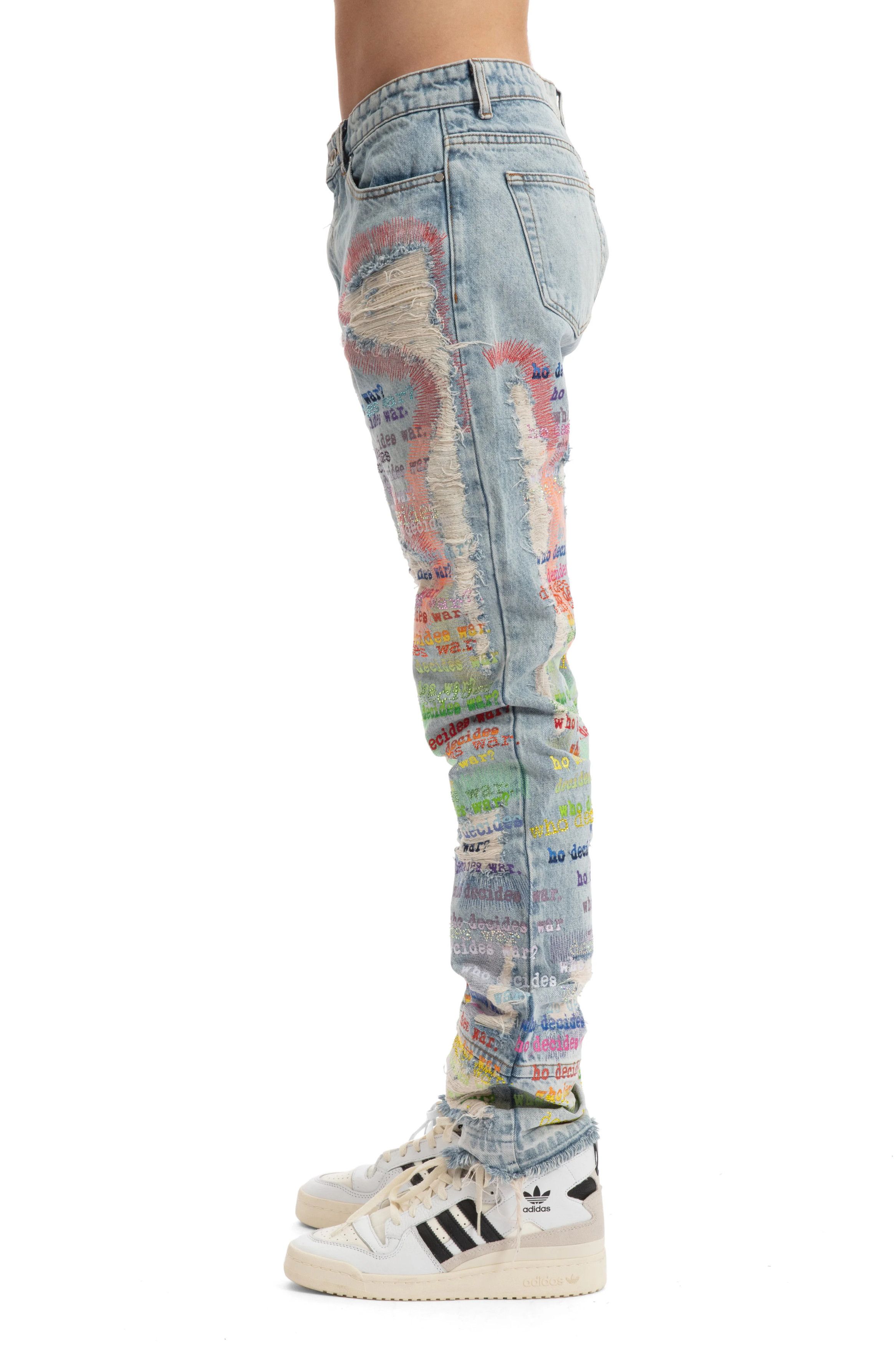 Who Decides War o1gr1nt0525 Roygbiv Scripture Denim in Sky/Multi Size US 26 / EU 42 - 4 Thumbnail