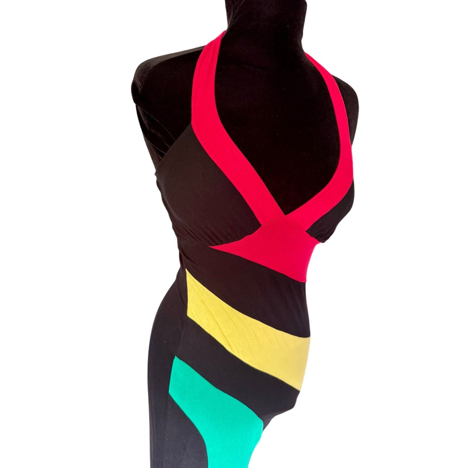 Vintage Vintage 90’s Black Red Green Halter Bodycon Dress Med Large Size M / US 6-8 / IT 42-44 - 4 Thumbnail