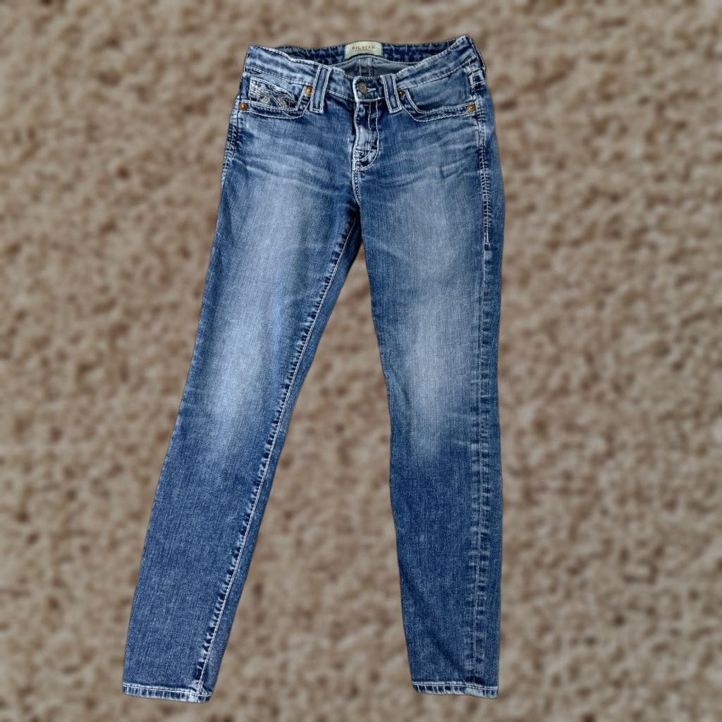 Denime VINTAGE Big Star Jeans Women 26 Blue Denim Skinny Low Rise Embroidered Stars Size 26" / US 2 / IT 38 - 1 Thumbnail