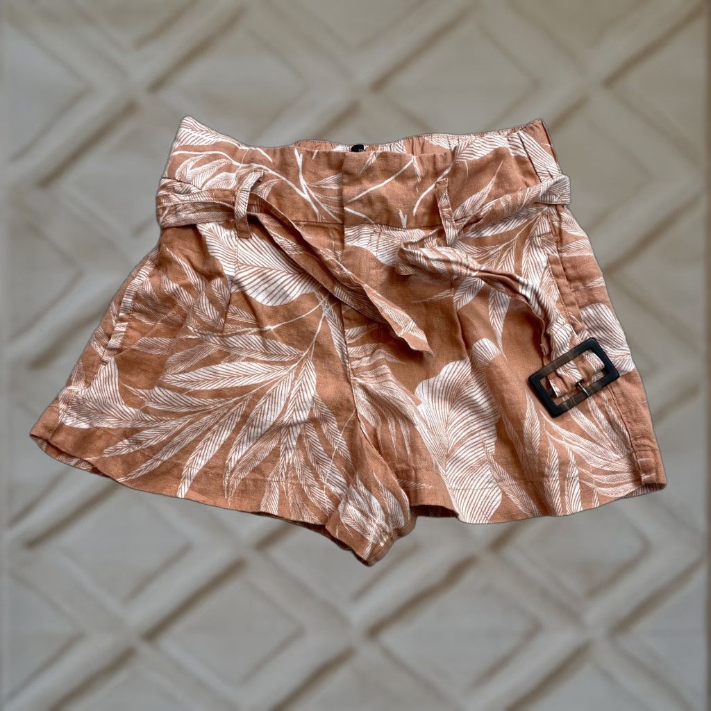 Vintage TAHARI Short Womens Small Orange Linen Palm Print High Waist Belt Tropical Size 28" / US 6 / IT 42 - 1 Thumbnail