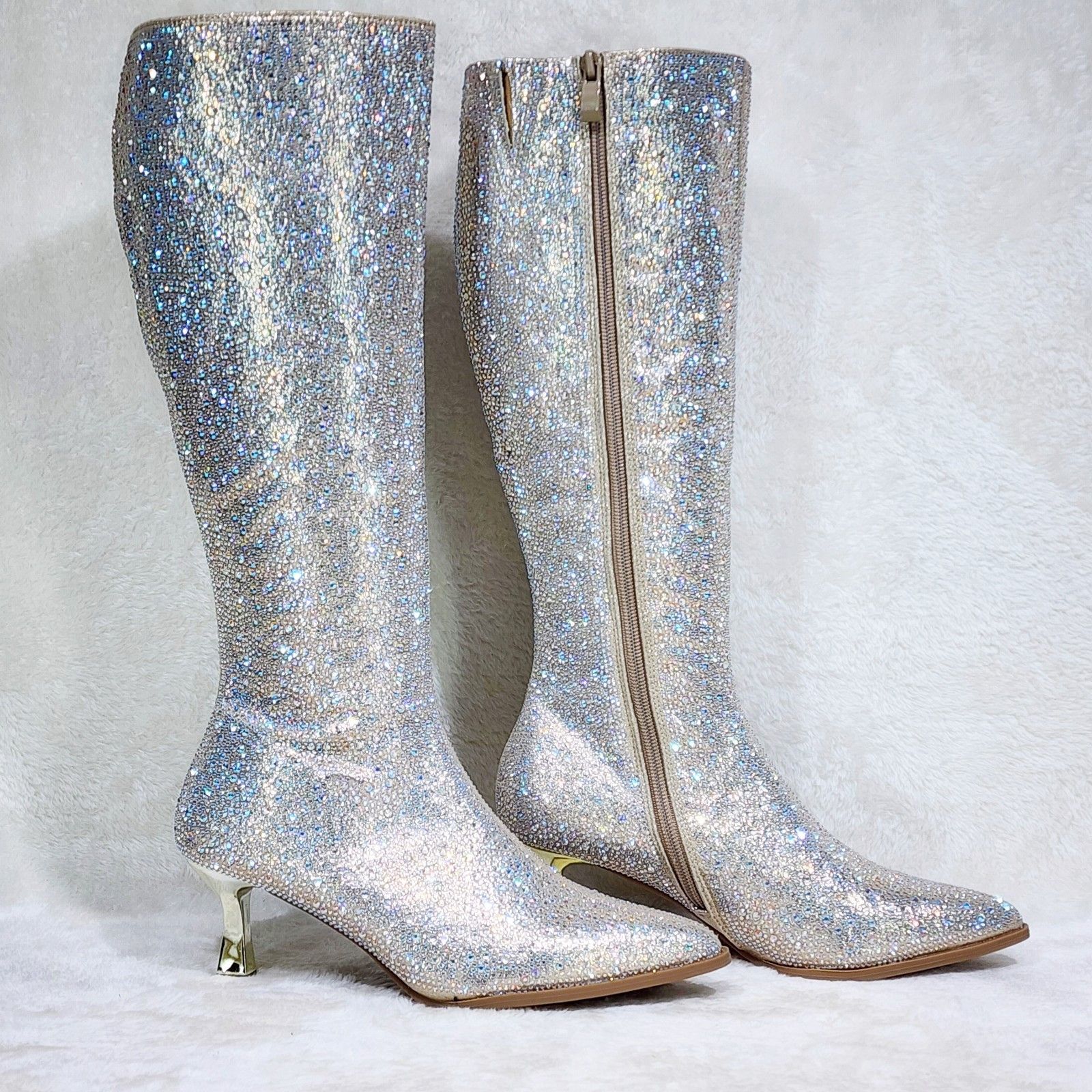 Other Gold Rhinestone Knee Boots 2.5" Kitten Heels Wide Friendly Size US 6 / IT 36 - 1 Thumbnail
