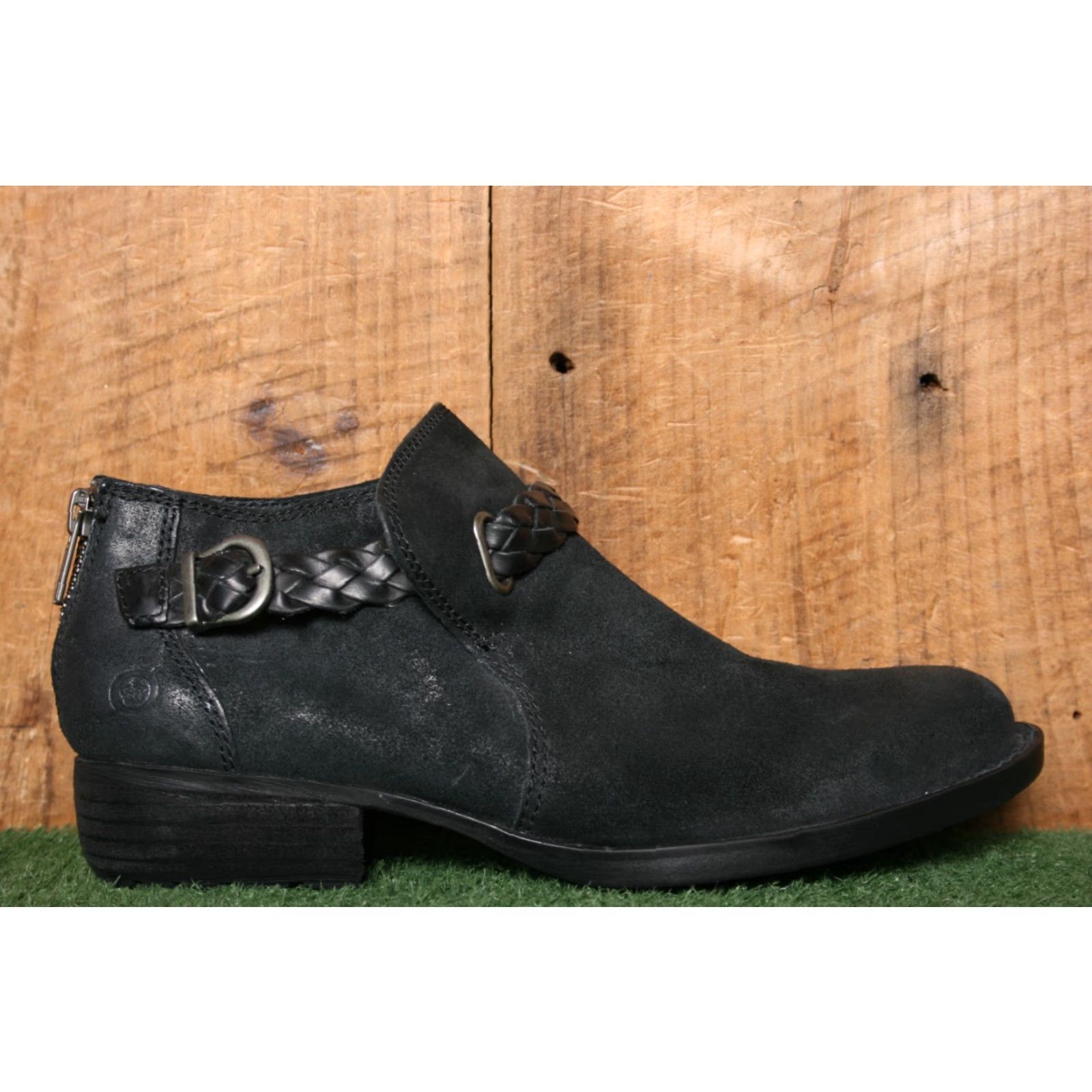 Born BORN Sylvia Black Burnished Suede Bootie Women's Low Ankle Boot 6.5 M Bucket Buckle Strap Zip Size US 7 / IT 37 - 2 Thumbnail