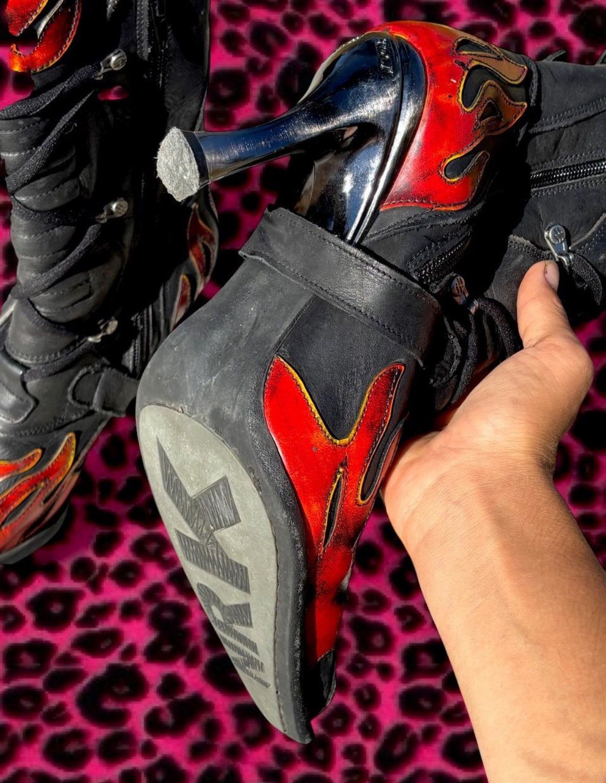 Vintage Early 2000’s New Rock Flame Chrome Stiletto Boots in Black, Women's (Size 7.5) — image 5 of 6