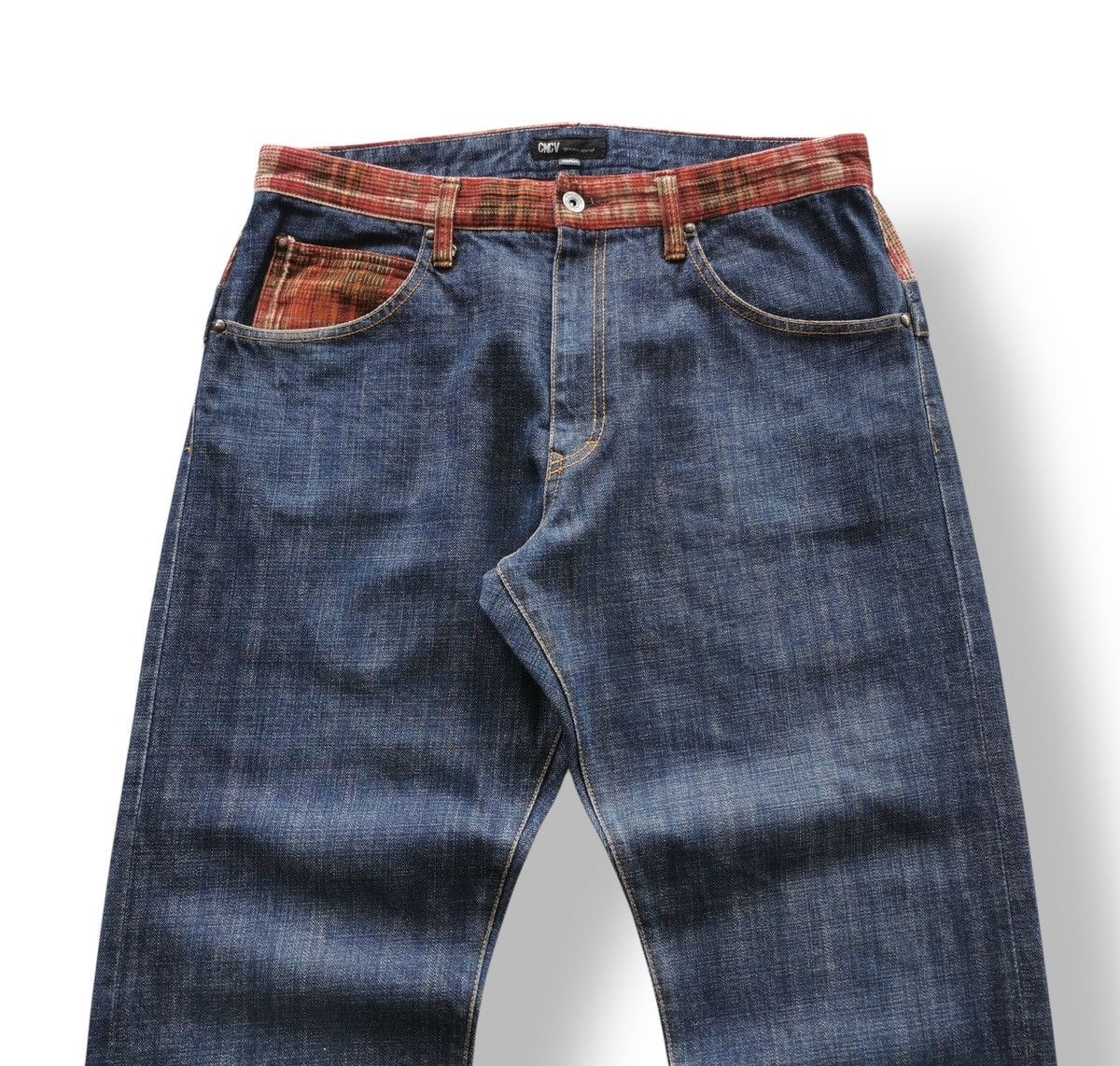 Kapital Concave Attempt Patchwork Jeans – Red Plaid Pocket Y2K Denim Size US 33 - 3 Thumbnail