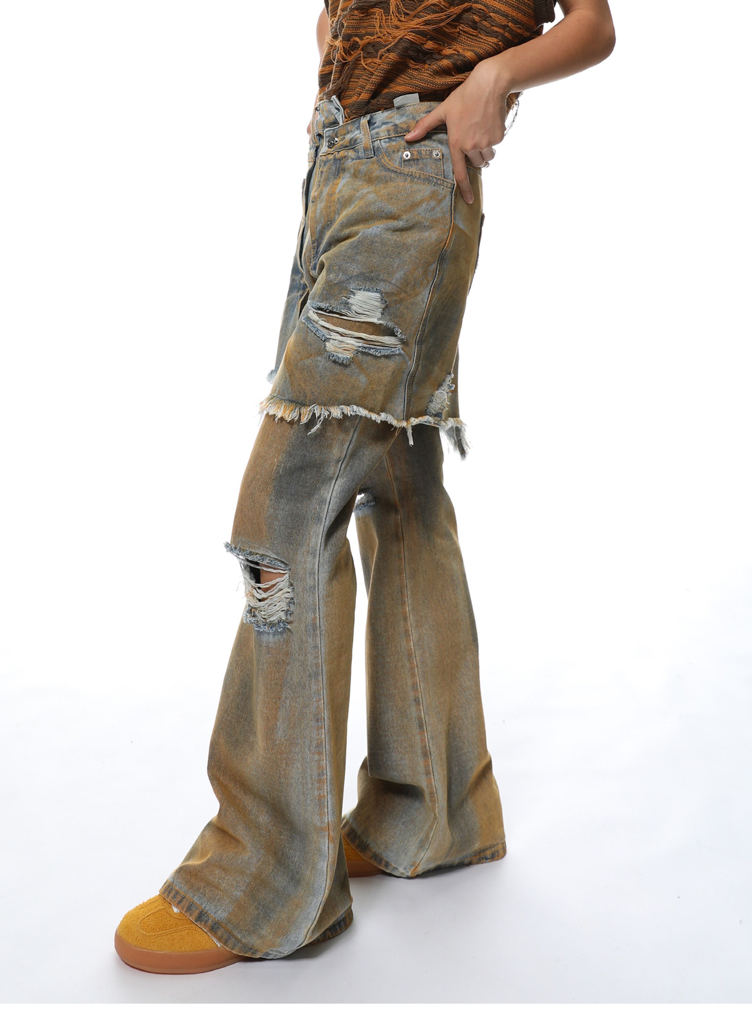 Designer Hole Spliced Fake Two Hemline Jeans Size US 29 - 5 Thumbnail
