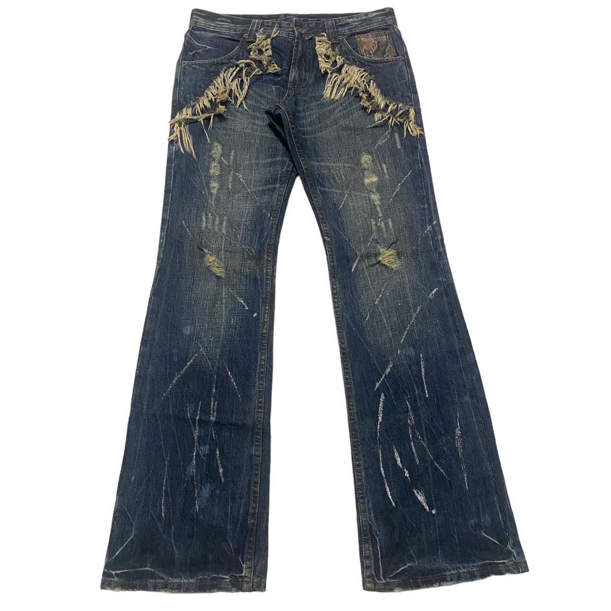 Pre-owned Le Grande Bleu L G B X Semantic Design Whisker Denim Flare Jeans Leather Trimmed In Blue